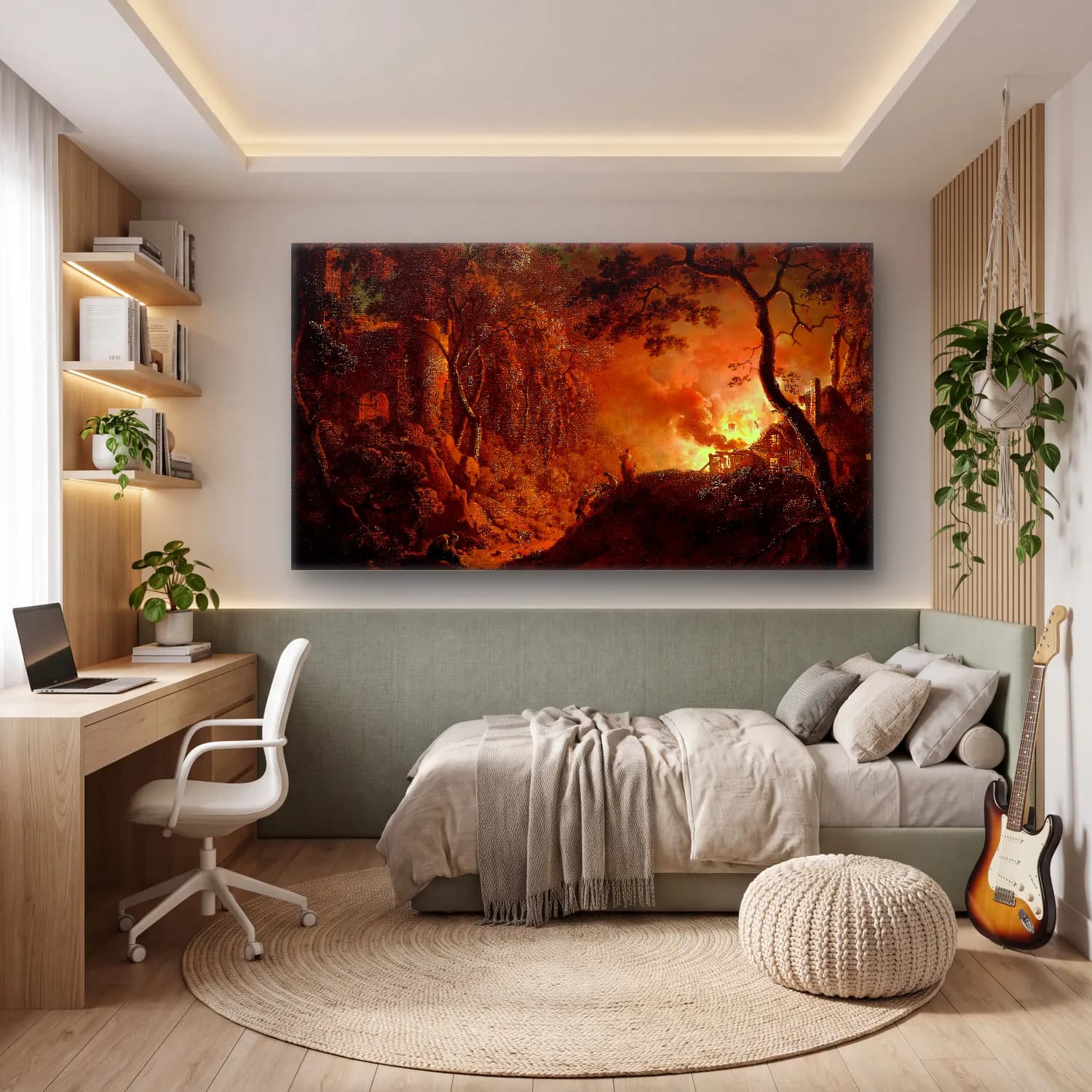Joseph Wright – Cottage on Fire cam tablo — genç odasında