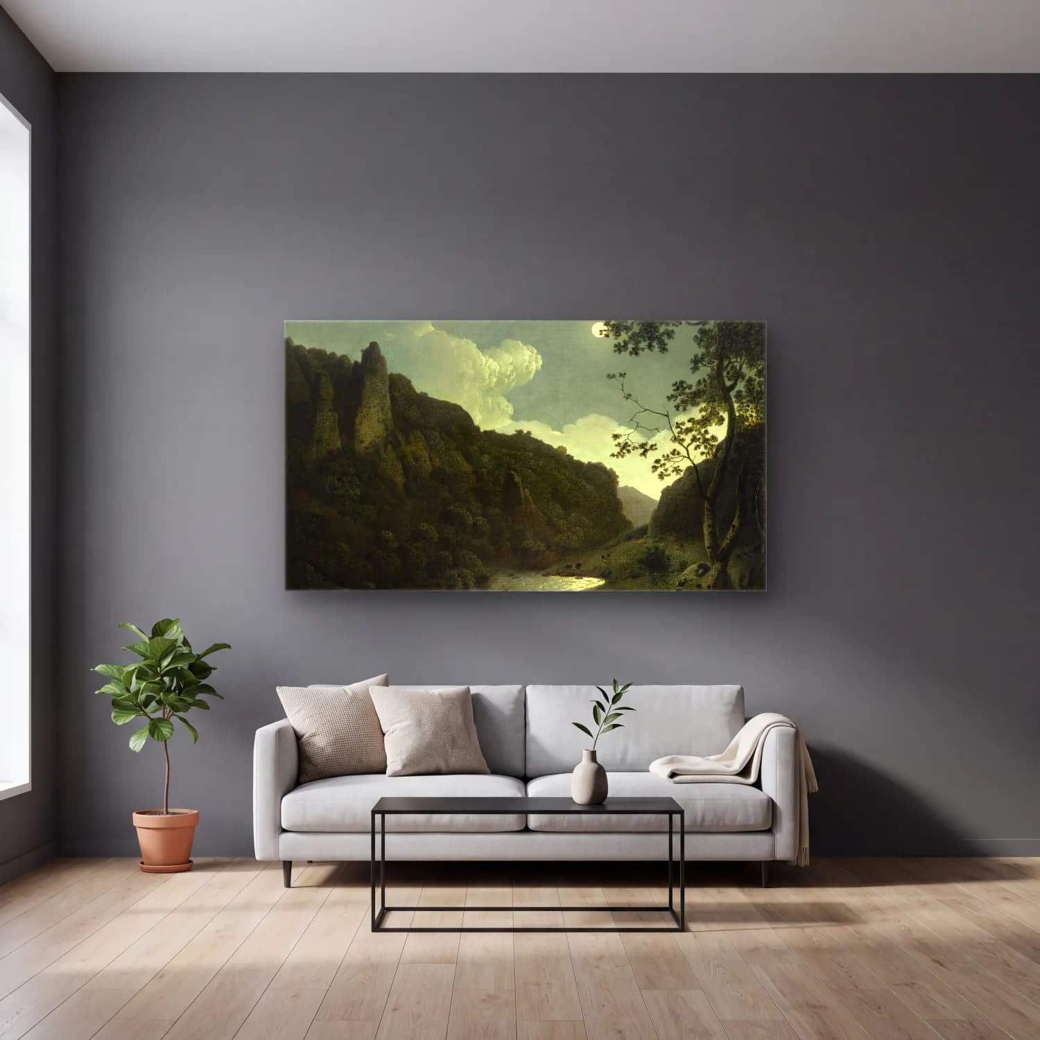 Joseph Wright – Dovedale cam tablo — gri duvarlı salonda