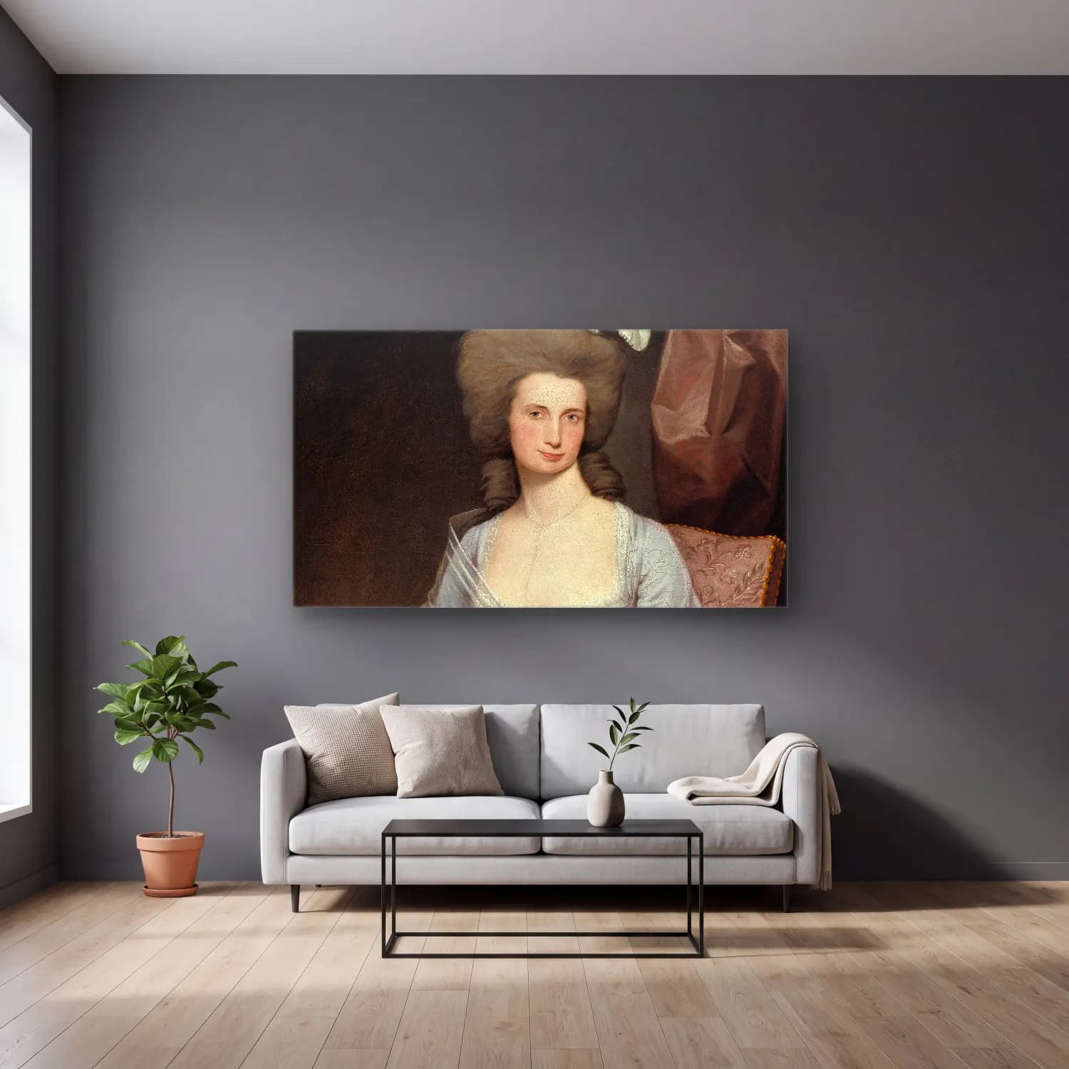 Joseph Wright – Elizabeth Stevens Carle cam tablo — gri duvarlı salonda