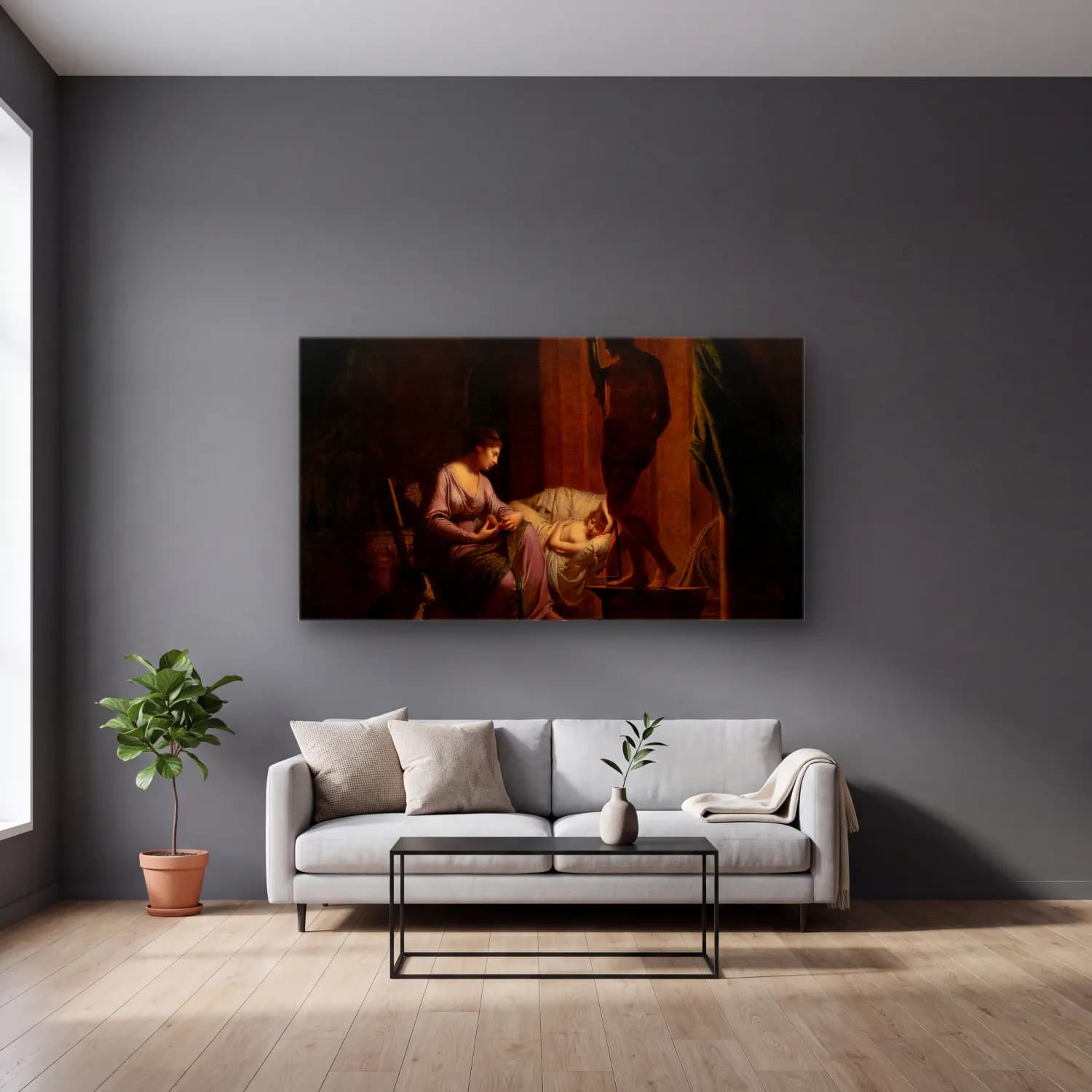 Joseph Wright – Penelope Unraveling Her Web cam tablo — gri duvarlı salonda