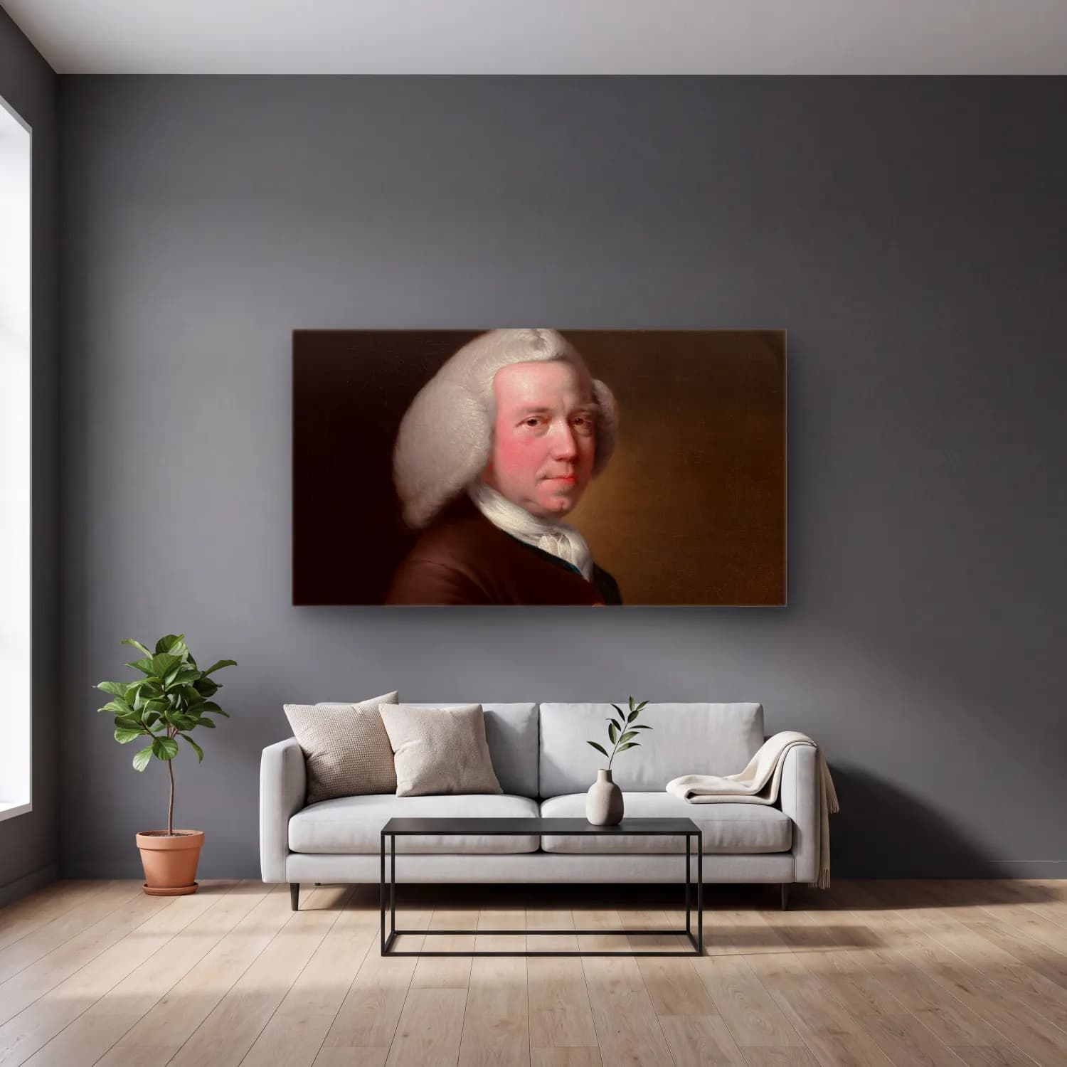 Joseph Wright – Portrait of Mr. William Chase, Sr. (ca. 1760–65) cam tablo — gri duvarlı salonda