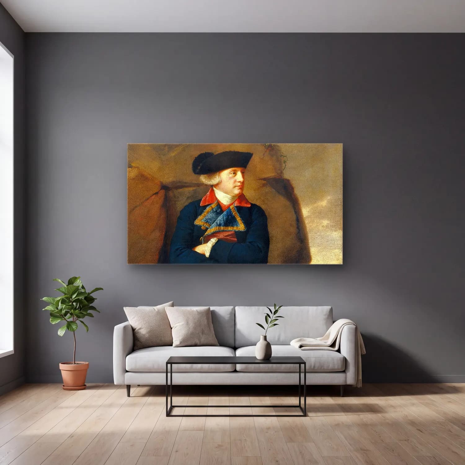 Joseph Wright – Portrait of a Gentleman cam tablo — gri duvarlı salonda