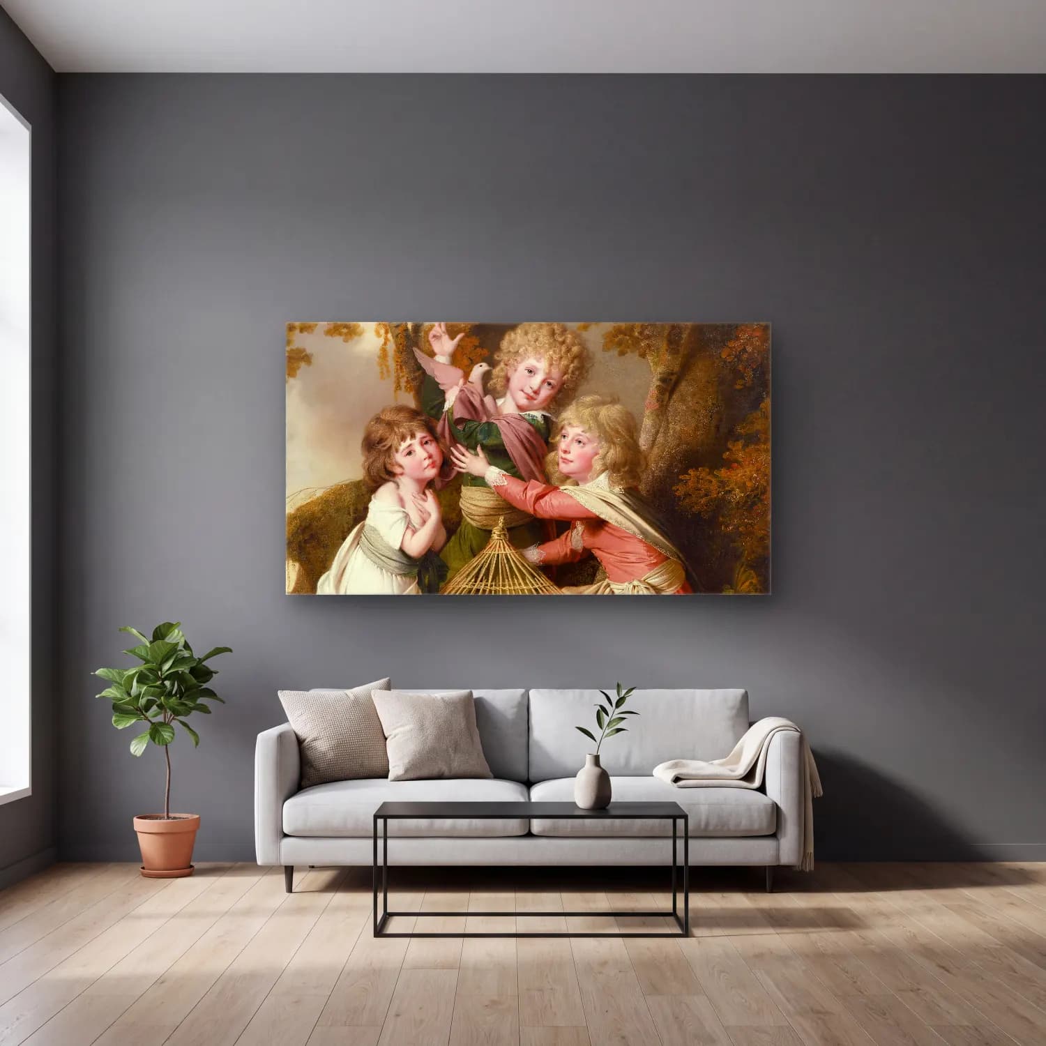 Joseph Wright – The Synnot Children cam tablo — gri duvarlı salonda