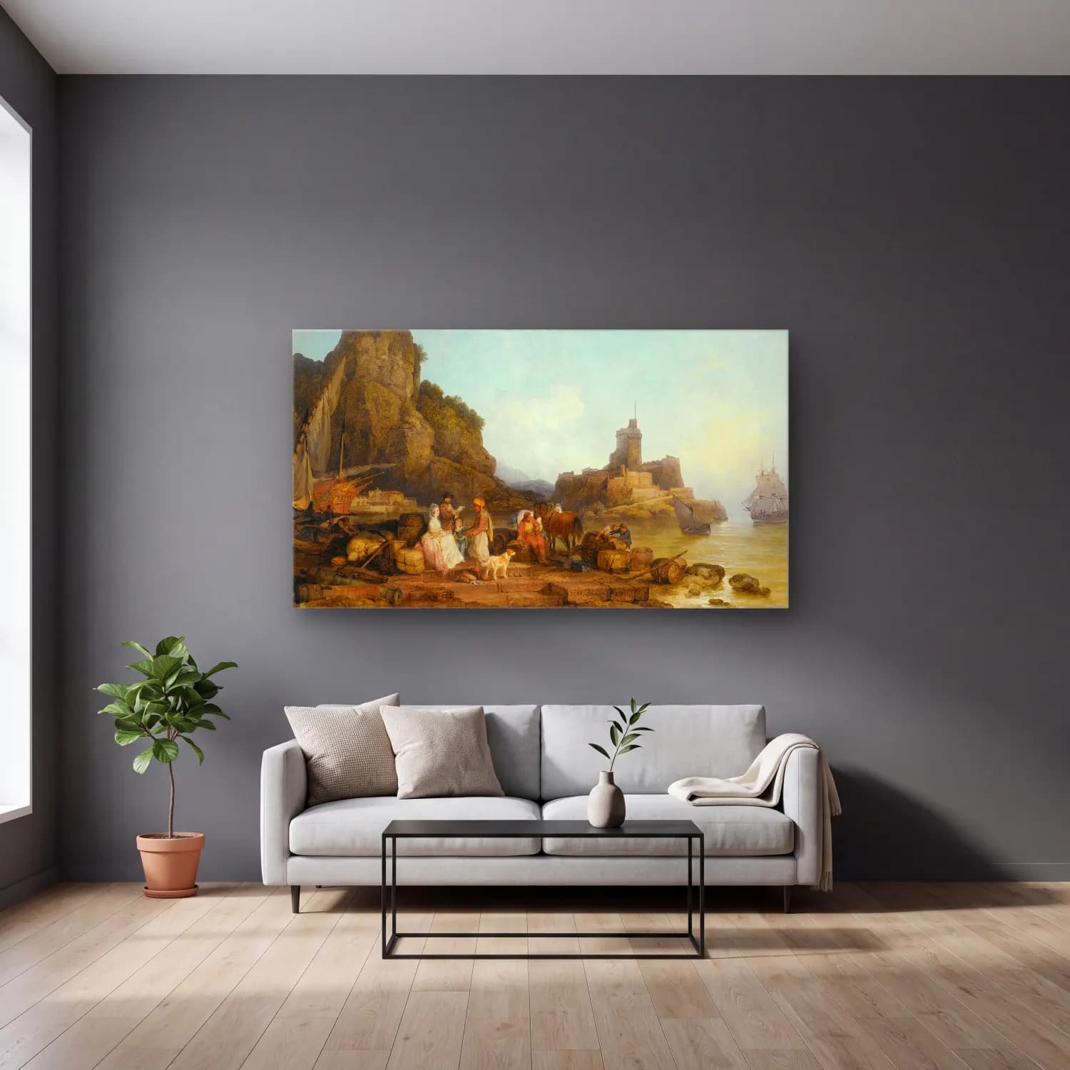 Philip James de Loutherbourg – A Sea Port In The Levant, Morning cam tablo — gri duvarlı salonda