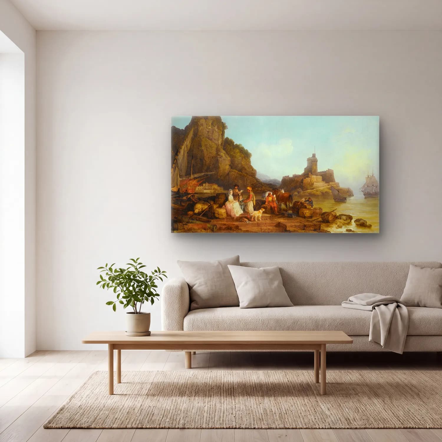 Philip James de Loutherbourg – A Sea Port In The Levant, Morning cam tablo — açık renk salonda