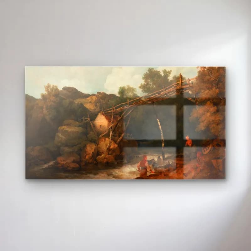Philip James de Loutherbourg – A View near Matlock, Derbyshire with Figures Working… cam tablo — Philip James de Loutherbourg – A View near Matlock, Derbyshire with Figures Working… — yağlı boya kırda nehir
