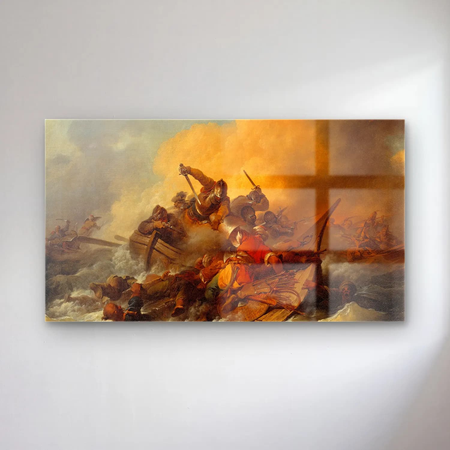 Philip James de Loutherbourg – Battle at Sea between Soldiers and Oriental Pirates cam tablo — Philip James de Loutherbourg – Battle at Sea between Soldiers and Oriental Pirates — yağlı boya savaş sahnesi