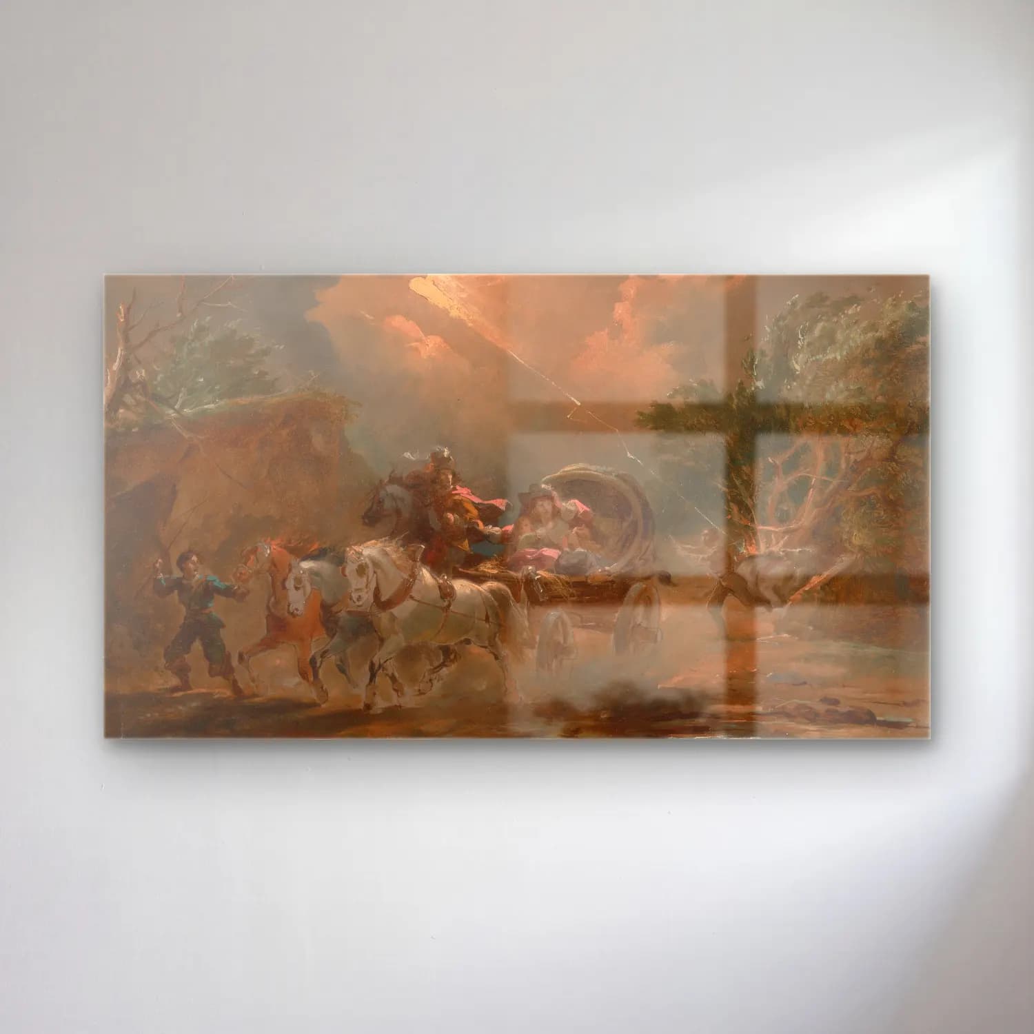 Philip James de Loutherbourg – Coach in a Thunderstorm cam tablo — Philip James de Loutherbourg – Coach in a Thunderstorm — yağlı boya savaş sahnesi