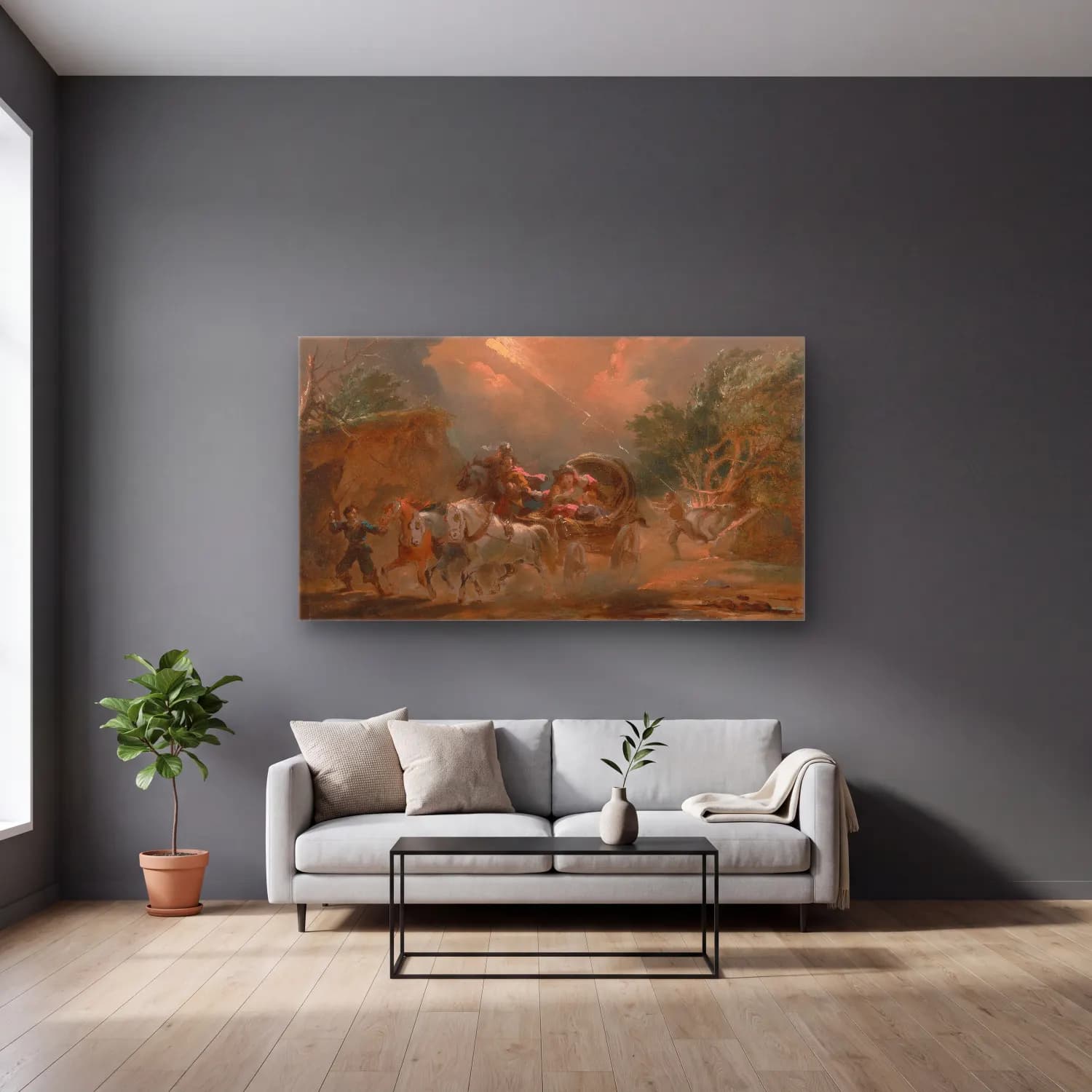 Philip James de Loutherbourg – Coach in a Thunderstorm cam tablo — gri duvarlı salonda