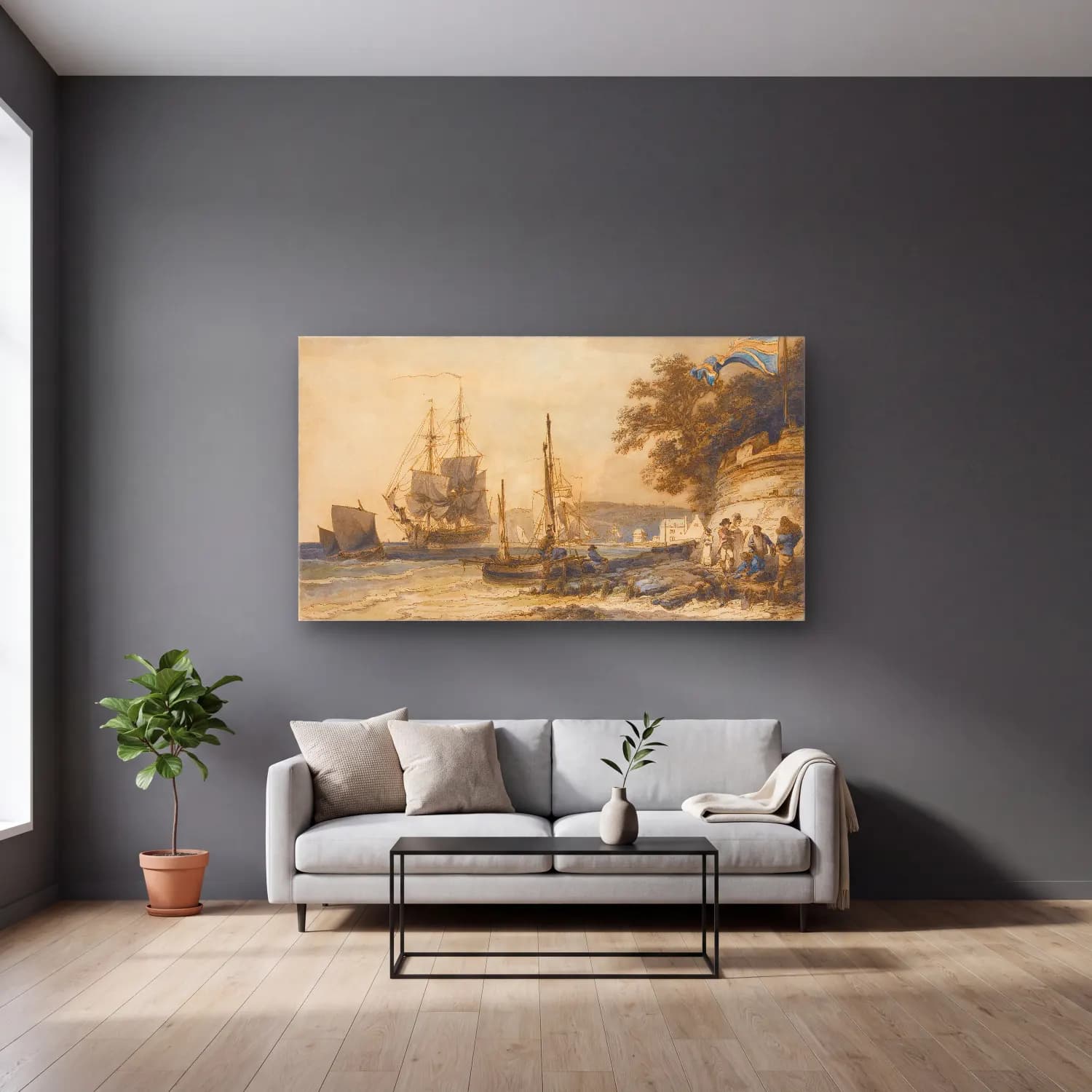 Philip James de Loutherbourg – Cowes Castle, Isle Of Wight cam tablo — gri duvarlı salonda