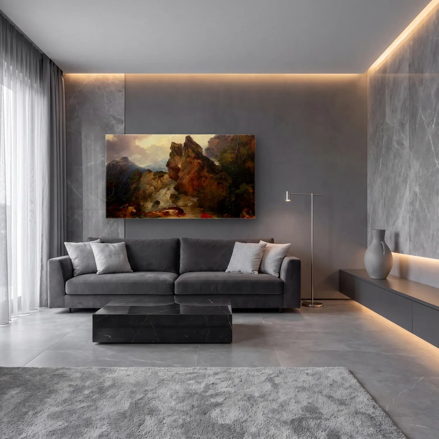Philip James de Loutherbourg – Landscape with Boar Hunt cam tablo — lüks salon duvarında