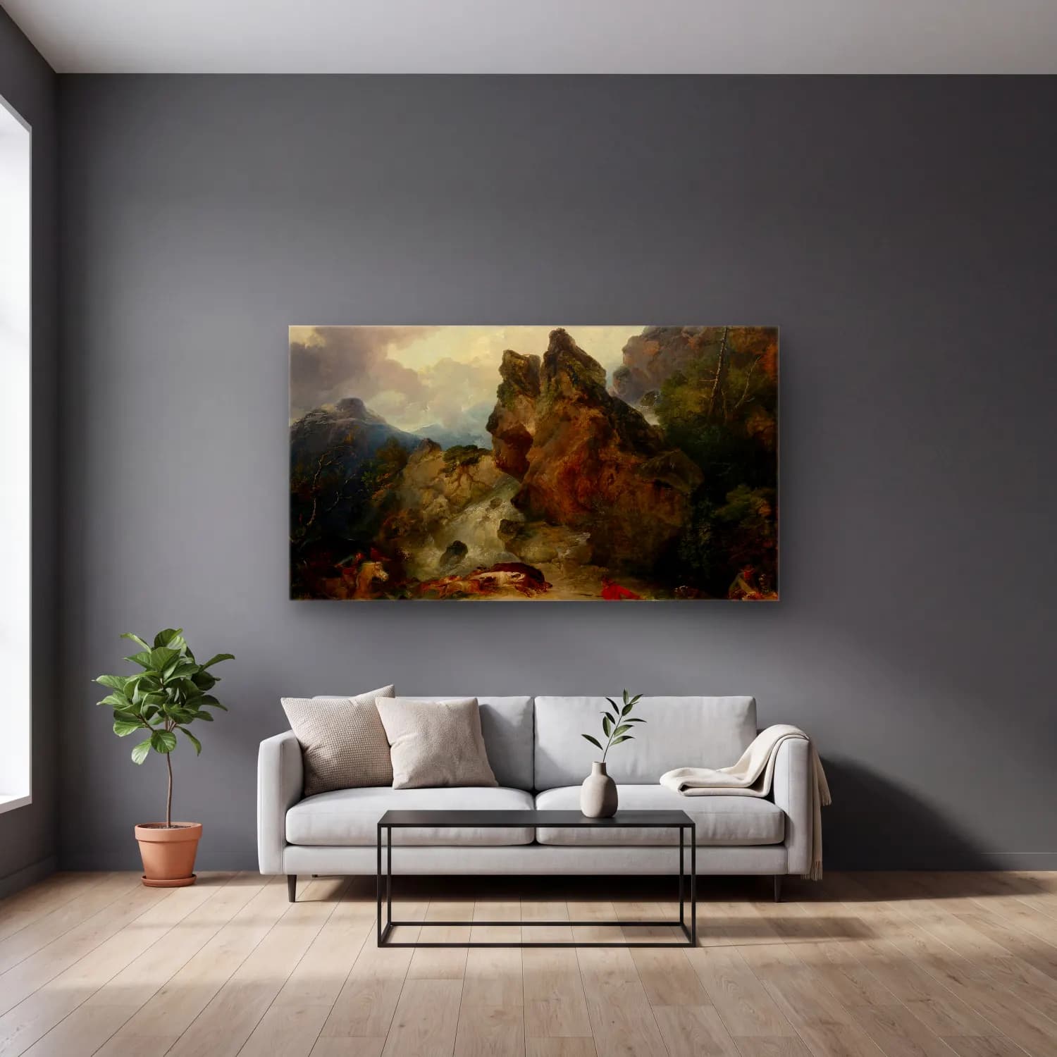 Philip James de Loutherbourg – Landscape with Boar Hunt cam tablo — gri duvarlı salonda