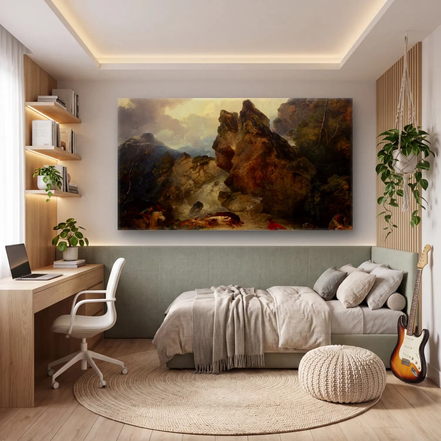 Philip James de Loutherbourg – Landscape with Boar Hunt cam tablo — genç odasında