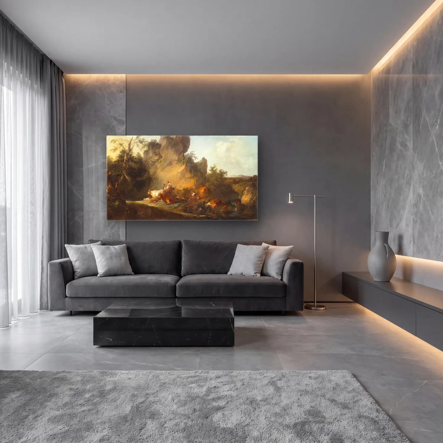 Philip James de Loutherbourg – Landscape with Figures and Animals cam tablo — lüks salon duvarında