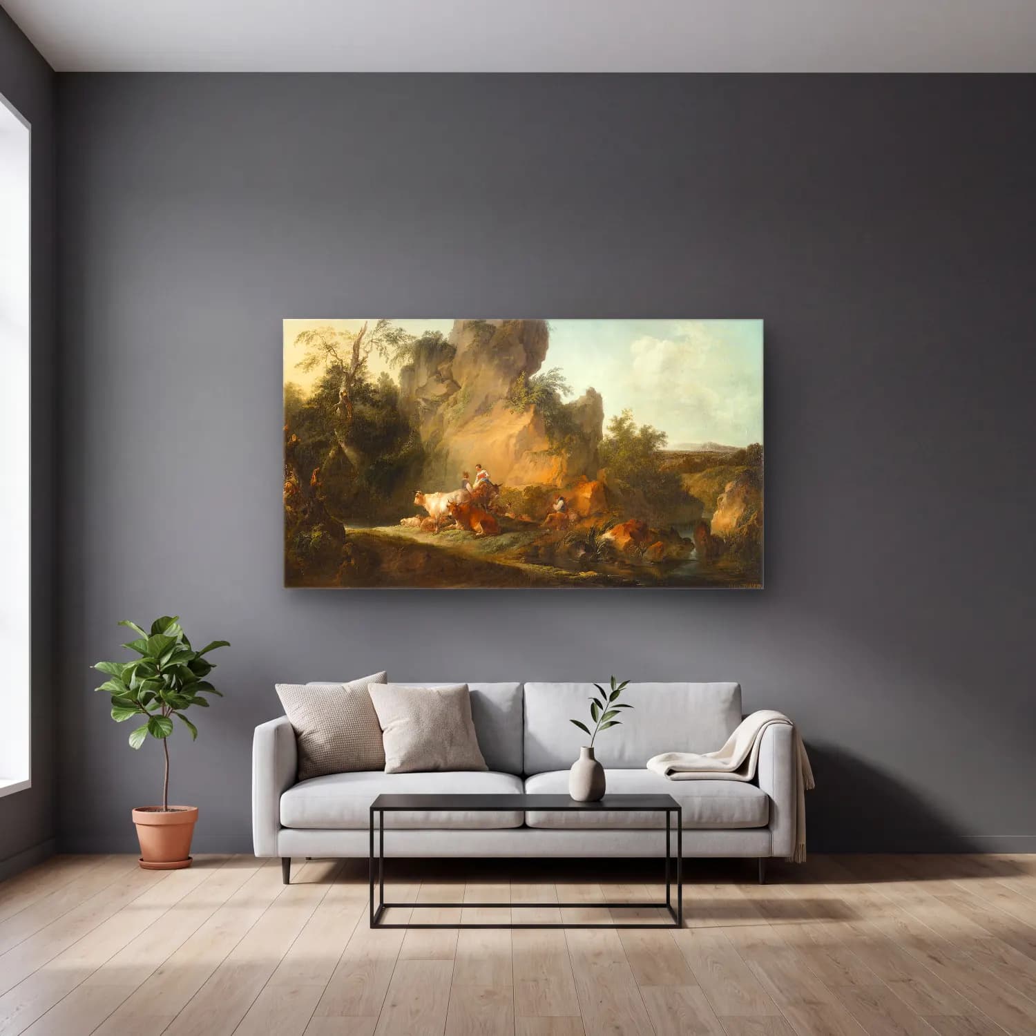 Philip James de Loutherbourg – Landscape with Figures and Animals cam tablo — gri duvarlı salonda