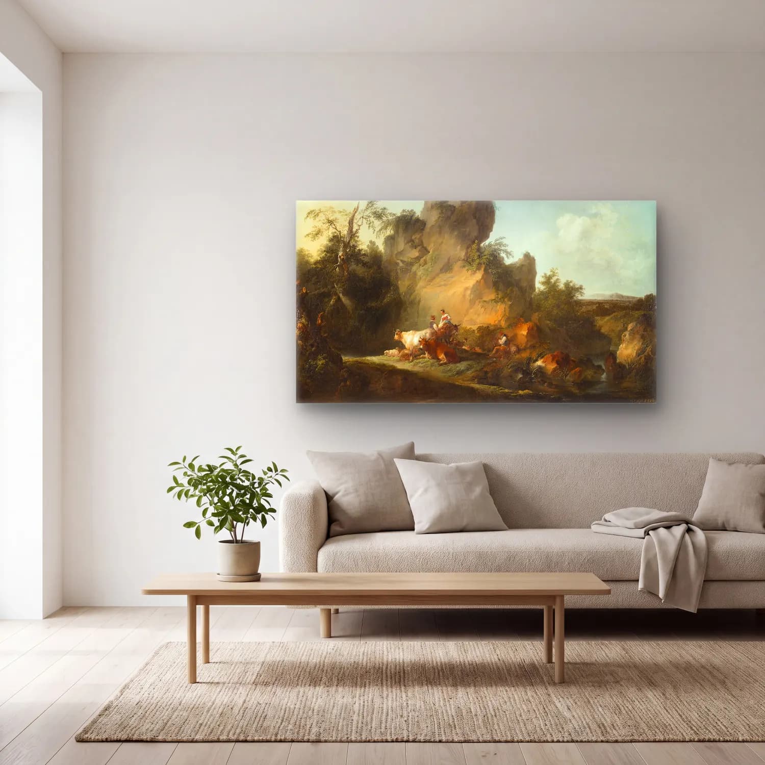 Philip James de Loutherbourg – Landscape with Figures and Animals cam tablo — açık renk salonda