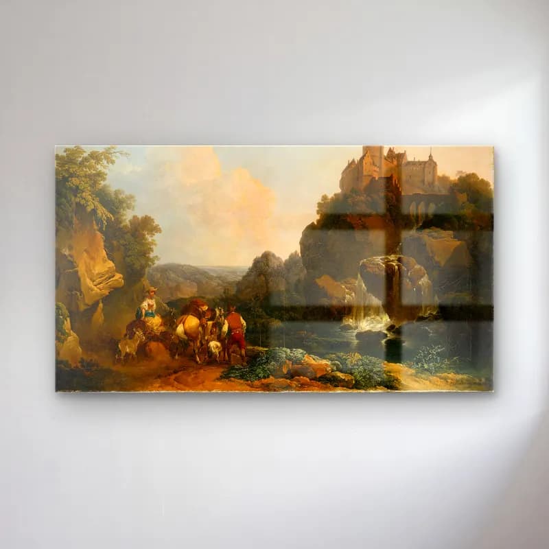 Philip James de Loutherbourg – Landscape with Waterfall, Castle and Peasants cam tablo — Philip James de Loutherbourg – Landscape with Waterfall, Castle and Peasants — yağlı boya şato
