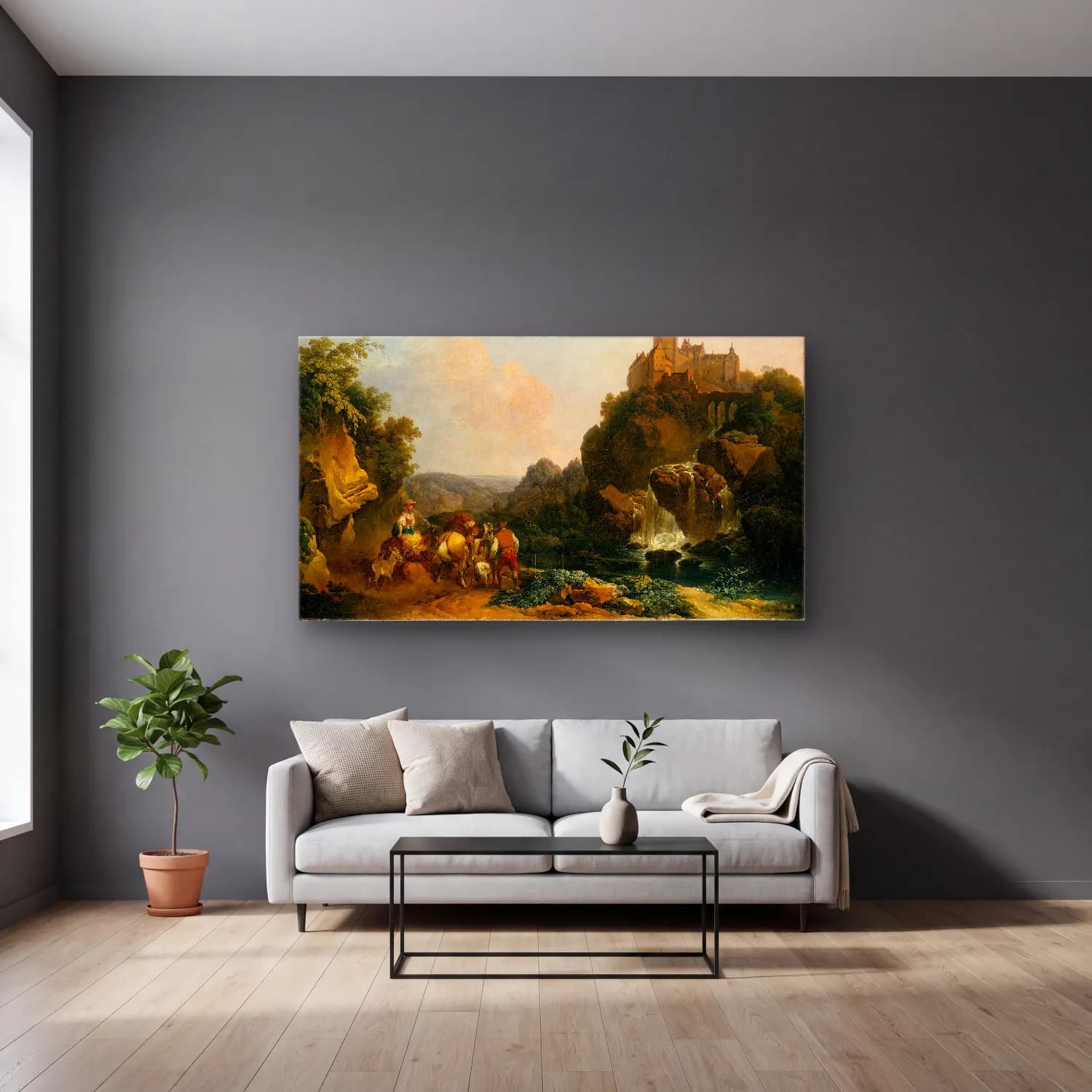 Philip James de Loutherbourg – Landscape with Waterfall, Castle and Peasants cam tablo — gri duvarlı salonda