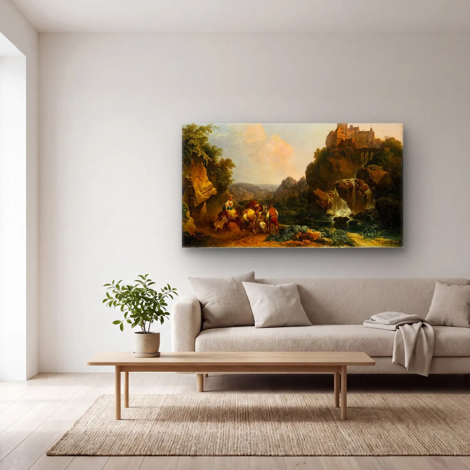 Philip James de Loutherbourg – Landscape with Waterfall, Castle and Peasants cam tablo — açık renk salonda