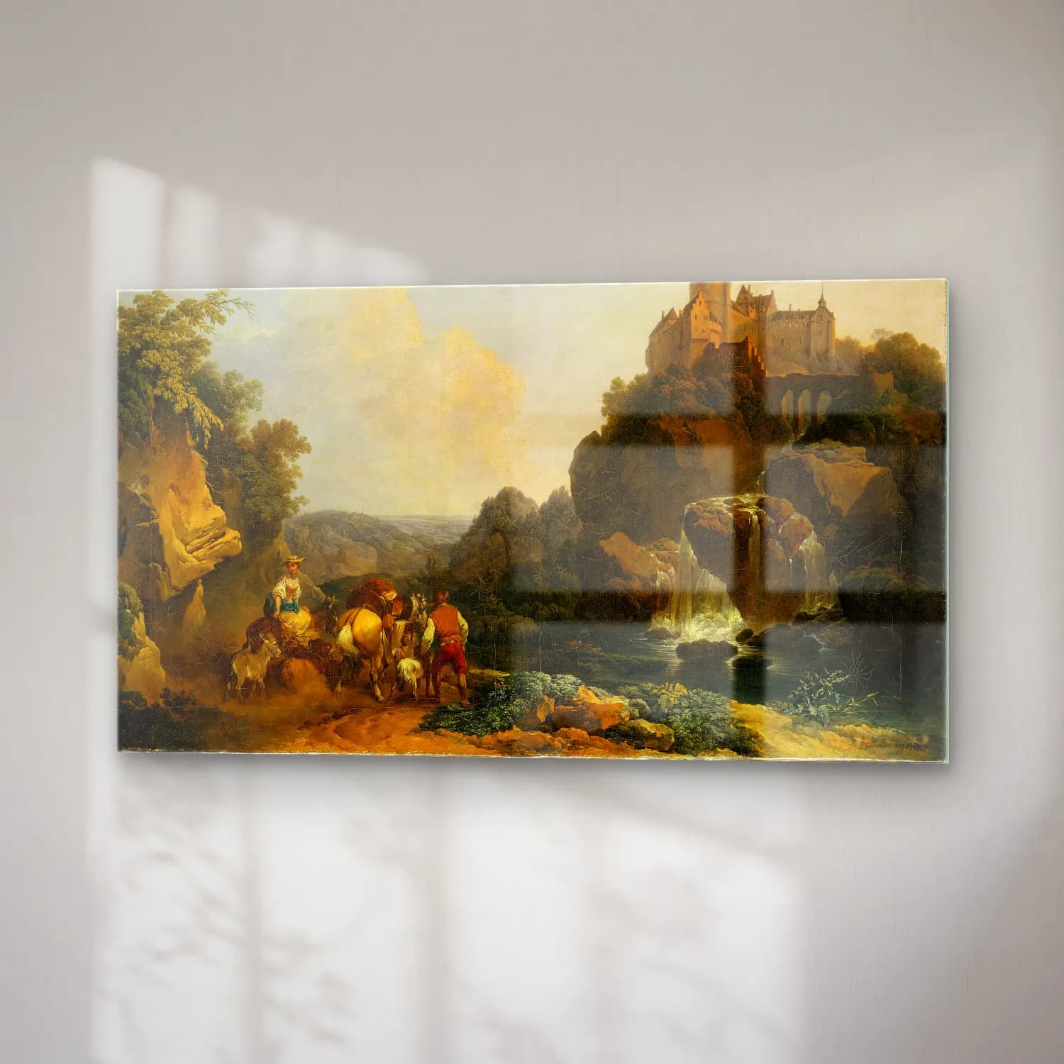 Philip James de Loutherbourg – Landscape with Waterfall, Castle and Peasants cam tablo — sağ açıdan görünüm