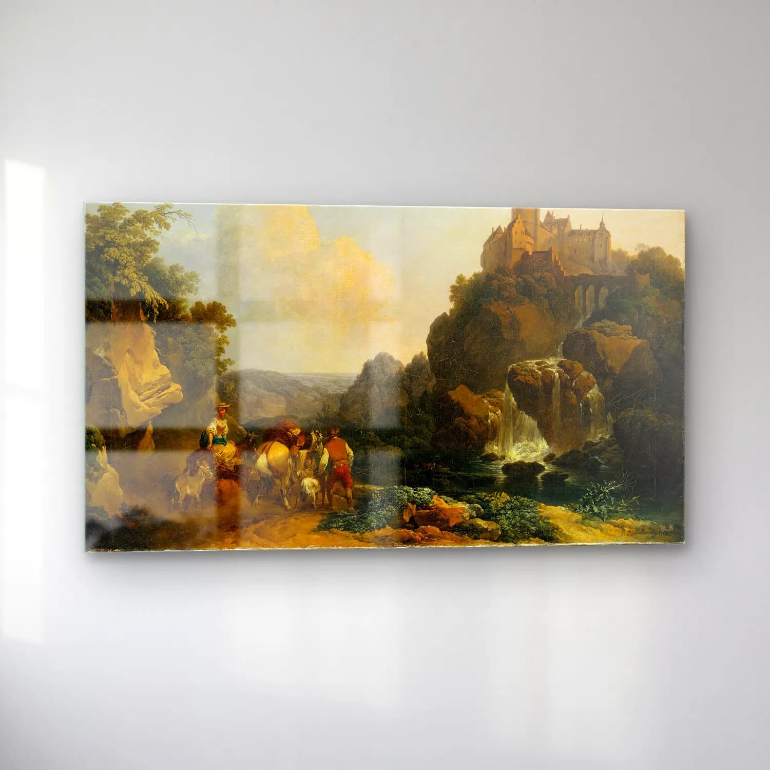 Philip James de Loutherbourg – Landscape with Waterfall, Castle and Peasants cam tablo — sol açıdan görünüm