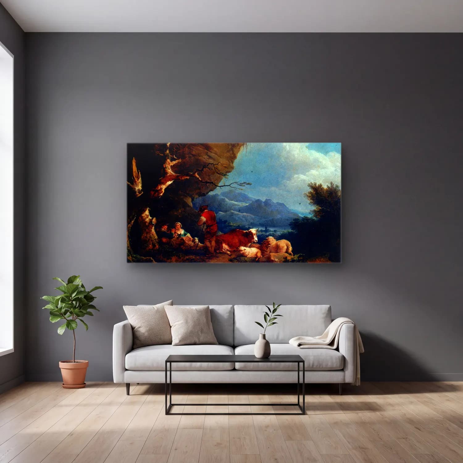 Philip James de Loutherbourg – Paysage animé de bergers cam tablo — gri duvarlı salonda