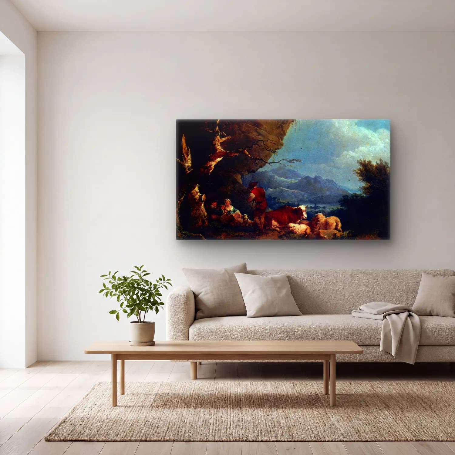 Philip James de Loutherbourg – Paysage animé de bergers cam tablo — açık renk salonda