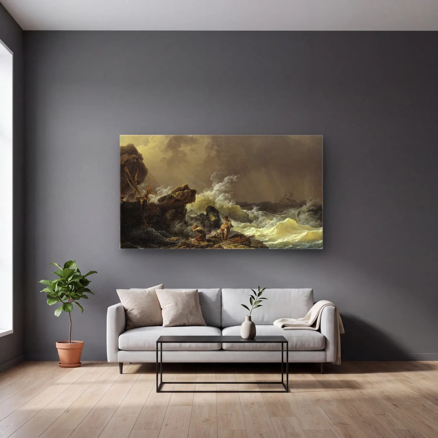 Philip James de Loutherbourg – Shipwreck (before 1812) cam tablo — gri duvarlı salonda
