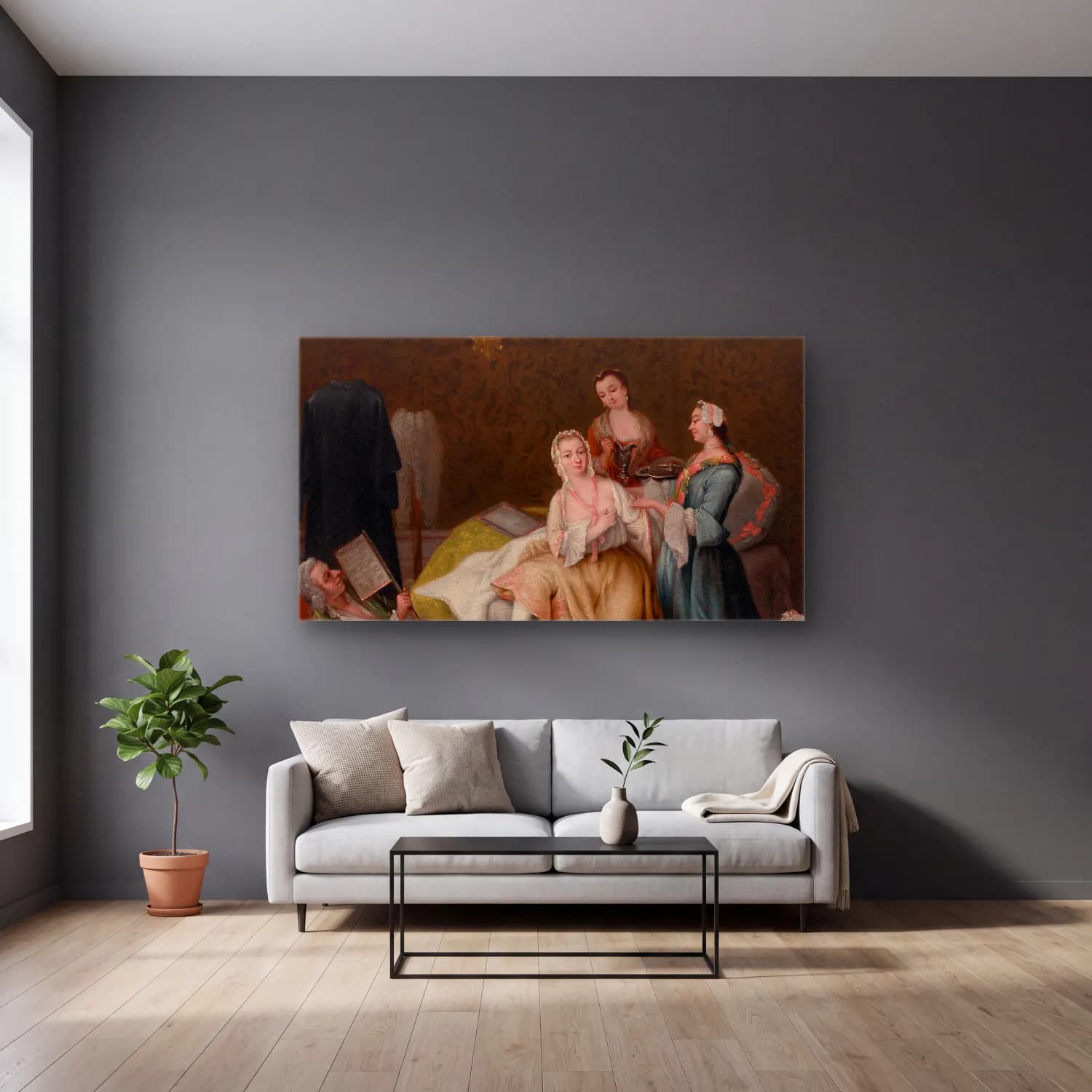 Pietro Longhi – Il risveglio della dama (The waking of the lady) cam tablo — gri duvarlı salonda