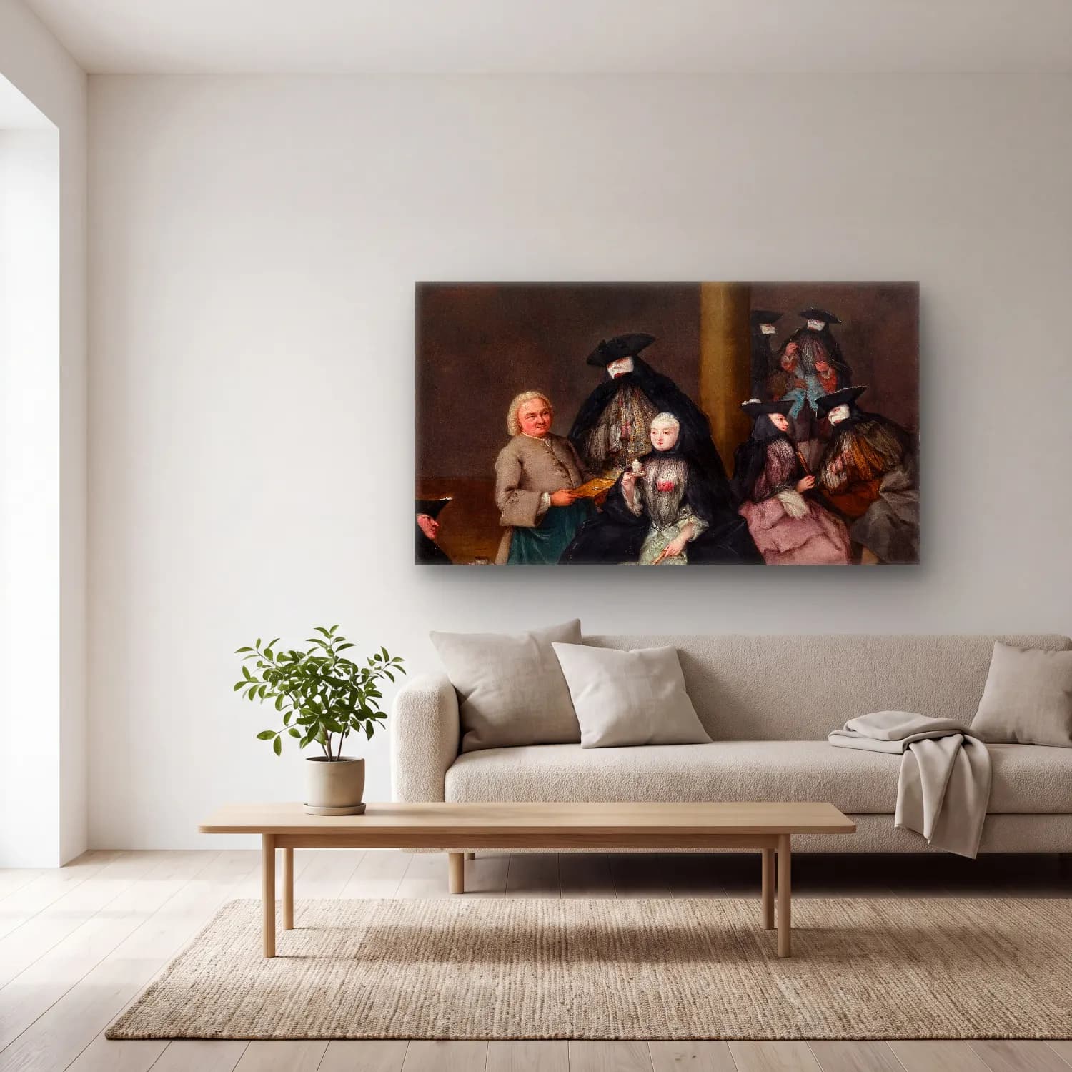 Pietro Longhi – Masked Party in a Courtyard cam tablo — açık renk salonda