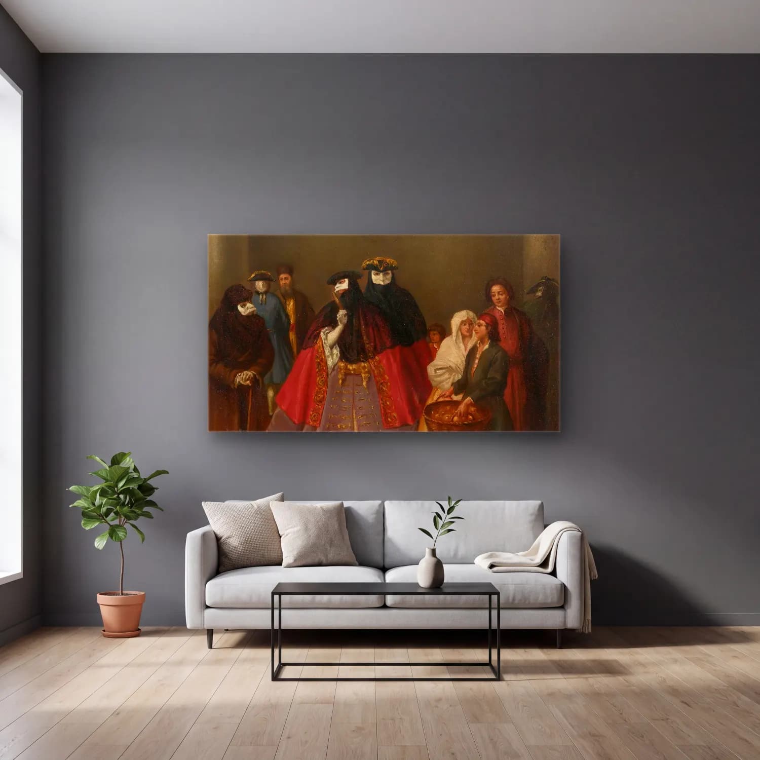 Pietro Longhi – Meeting of the Dominoes cam tablo — gri duvarlı salonda