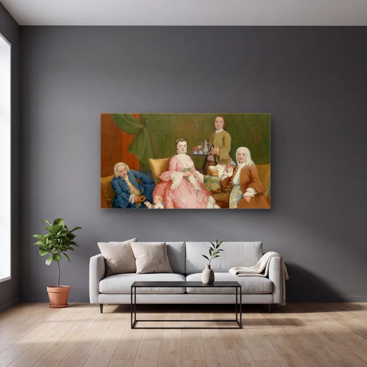Pietro Longhi – Portrait of a Venetian Family with a Manservant Serving… cam tablo — gri duvarlı salonda