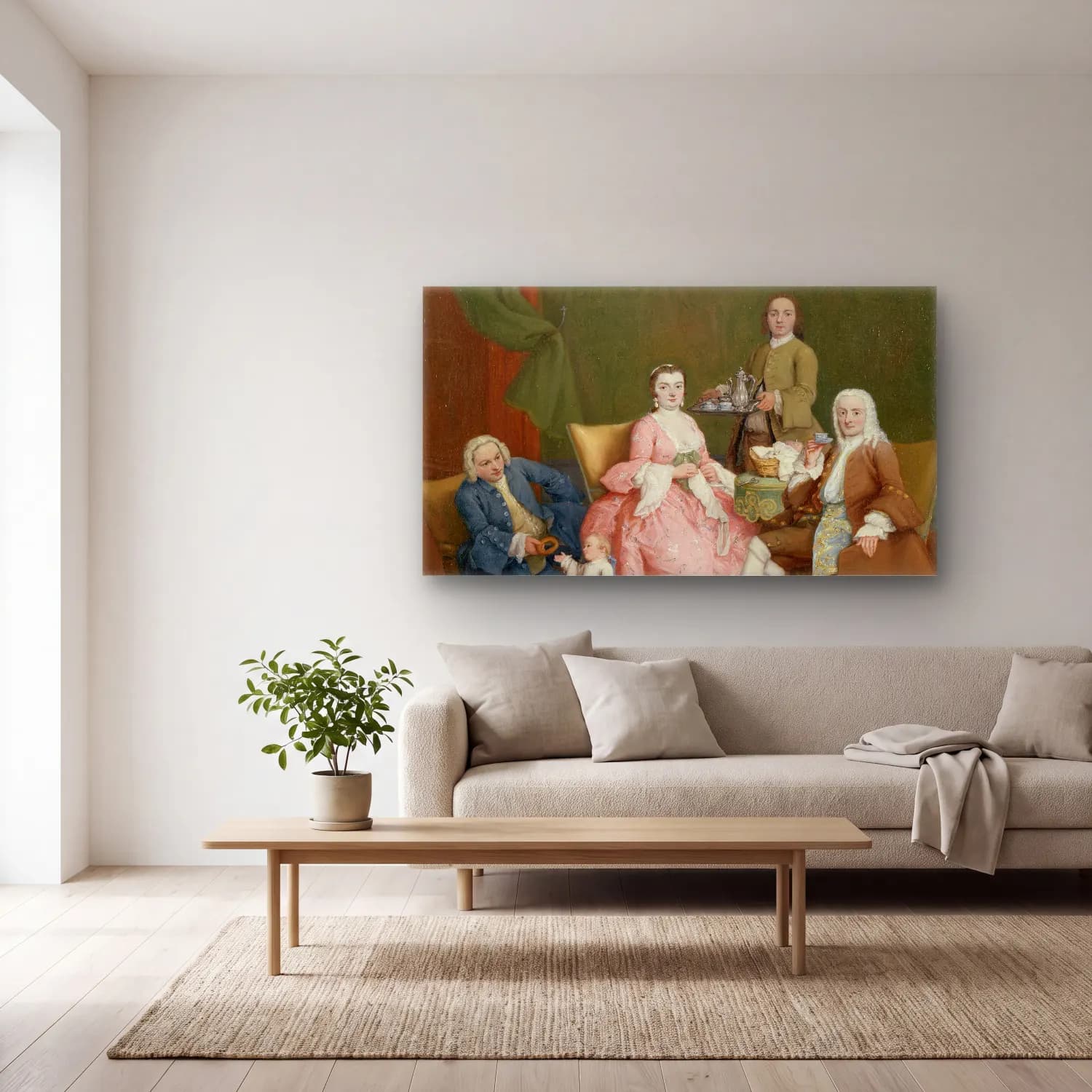 Pietro Longhi – Portrait of a Venetian Family with a Manservant Serving… cam tablo — açık renk salonda