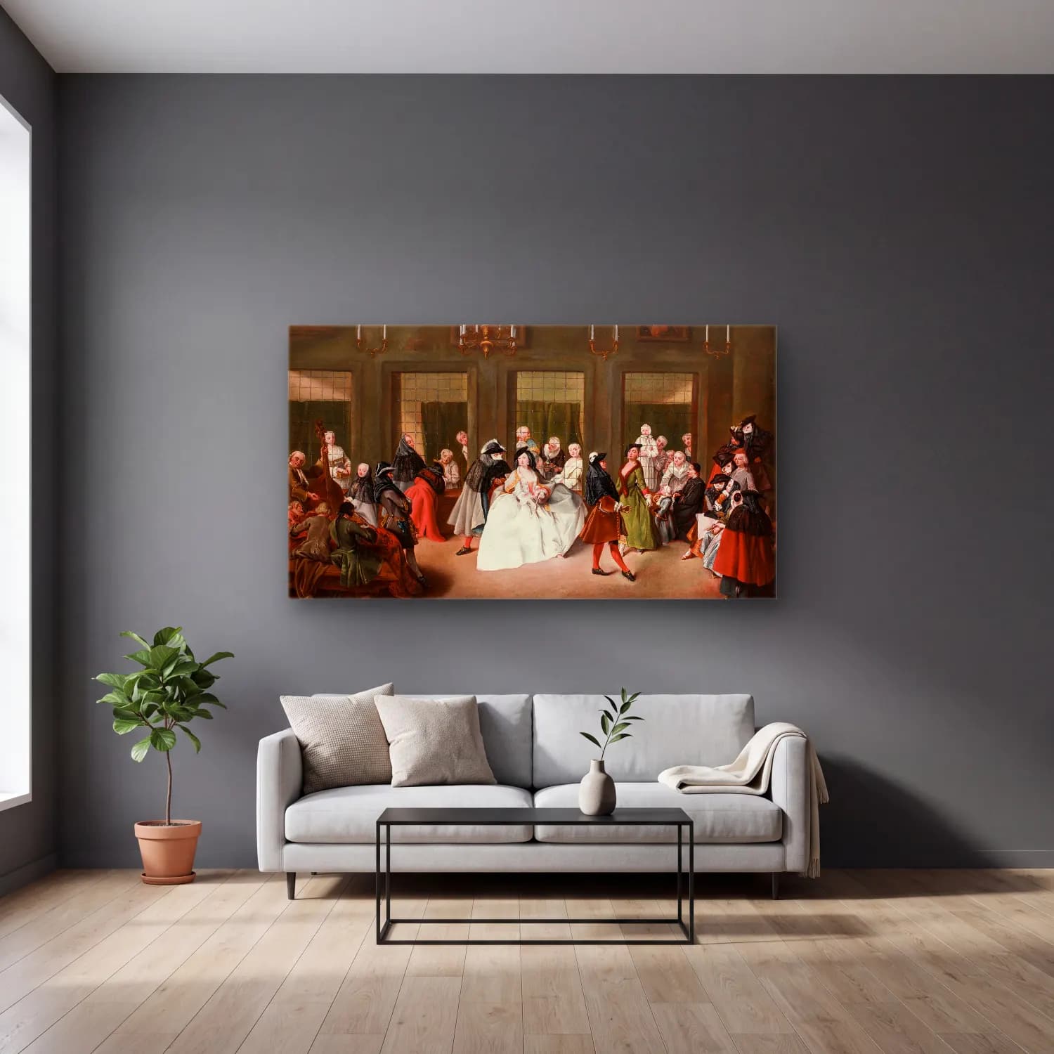 Pietro Longhi – The Convent Parlour (ca. 1760) cam tablo — gri duvarlı salonda