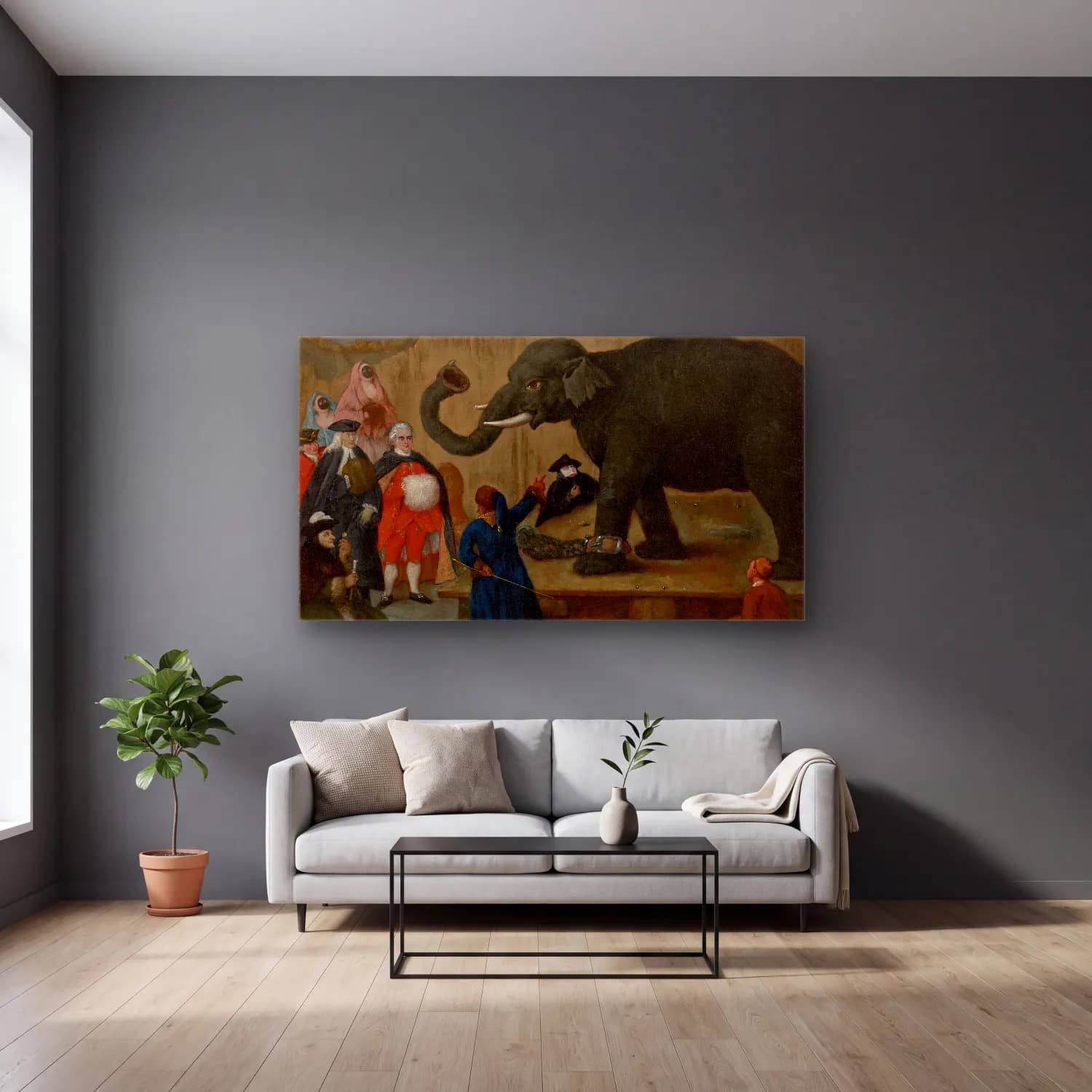 Pietro Longhi – The Display of the Elephant cam tablo — gri duvarlı salonda