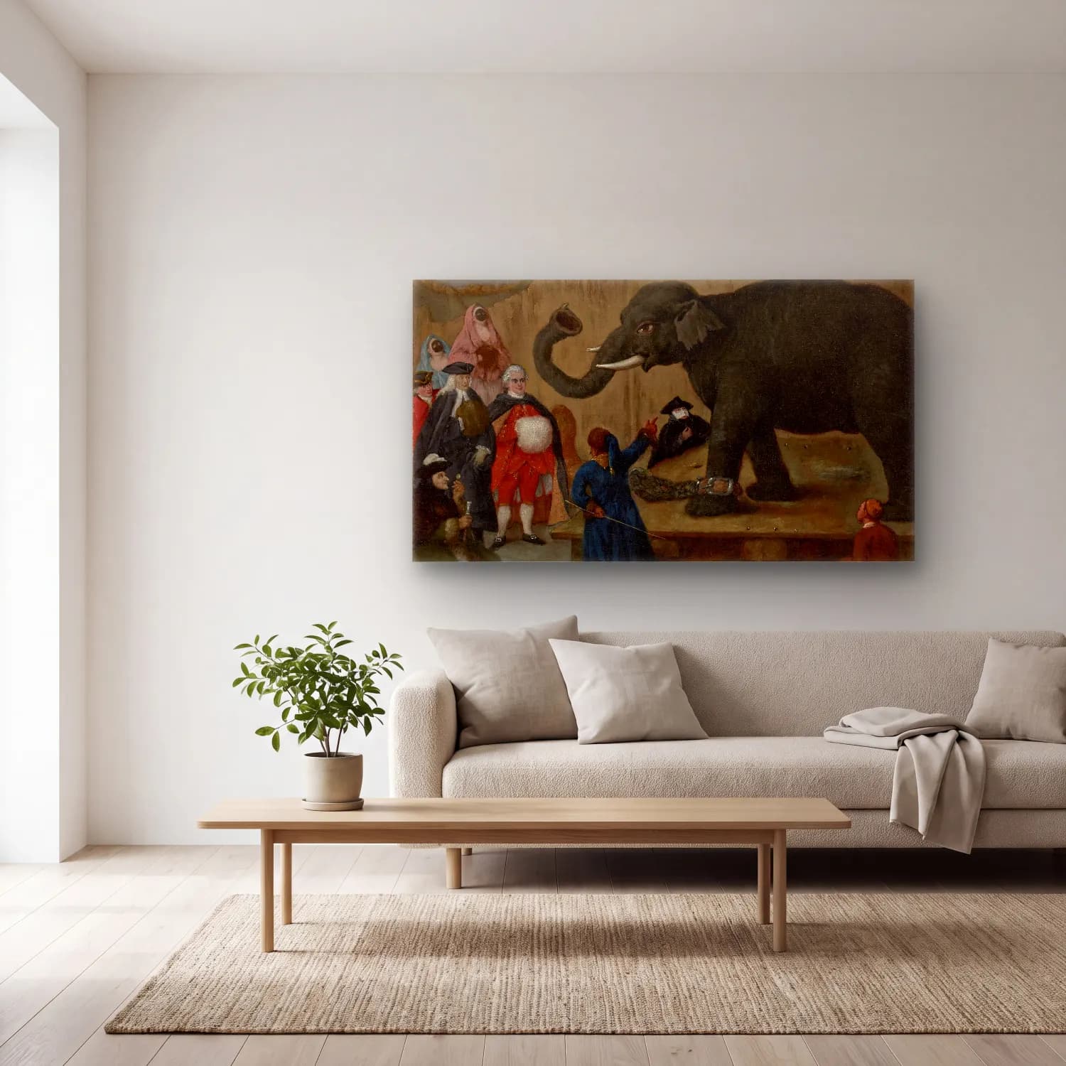 Pietro Longhi – The Display of the Elephant cam tablo — açık renk salonda