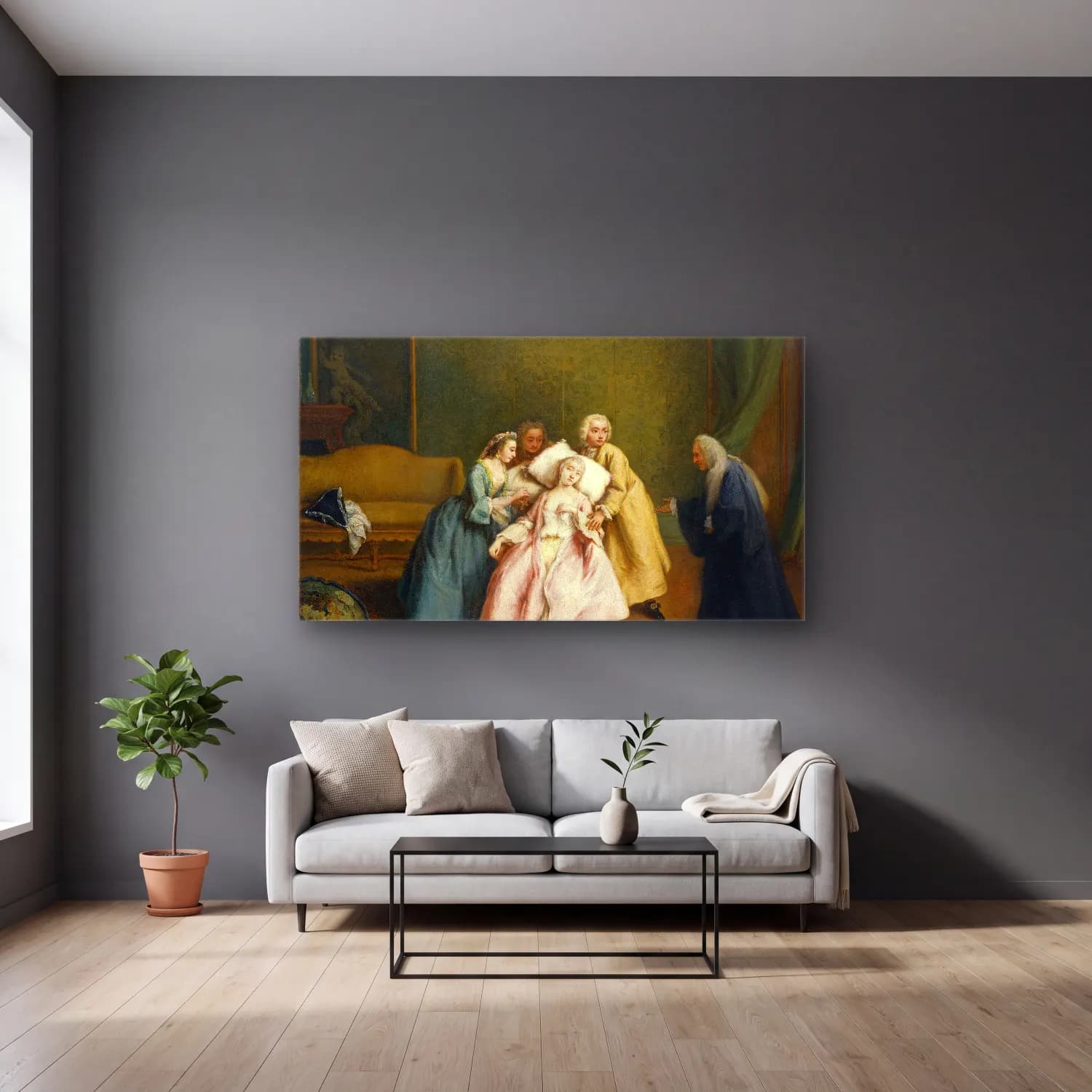 Pietro Longhi – The Faint cam tablo — gri duvarlı salonda