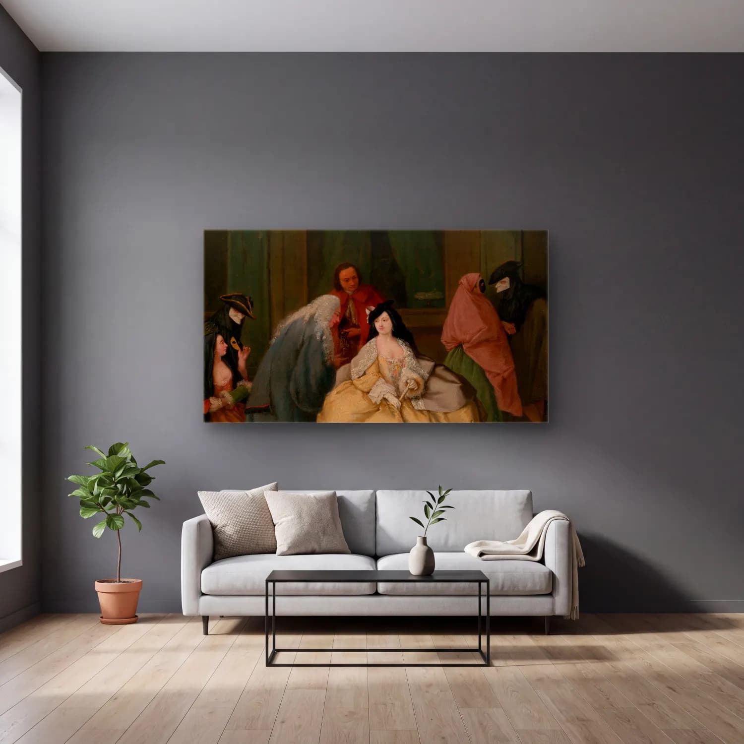Pietro Longhi – The Meeting cam tablo — gri duvarlı salonda
