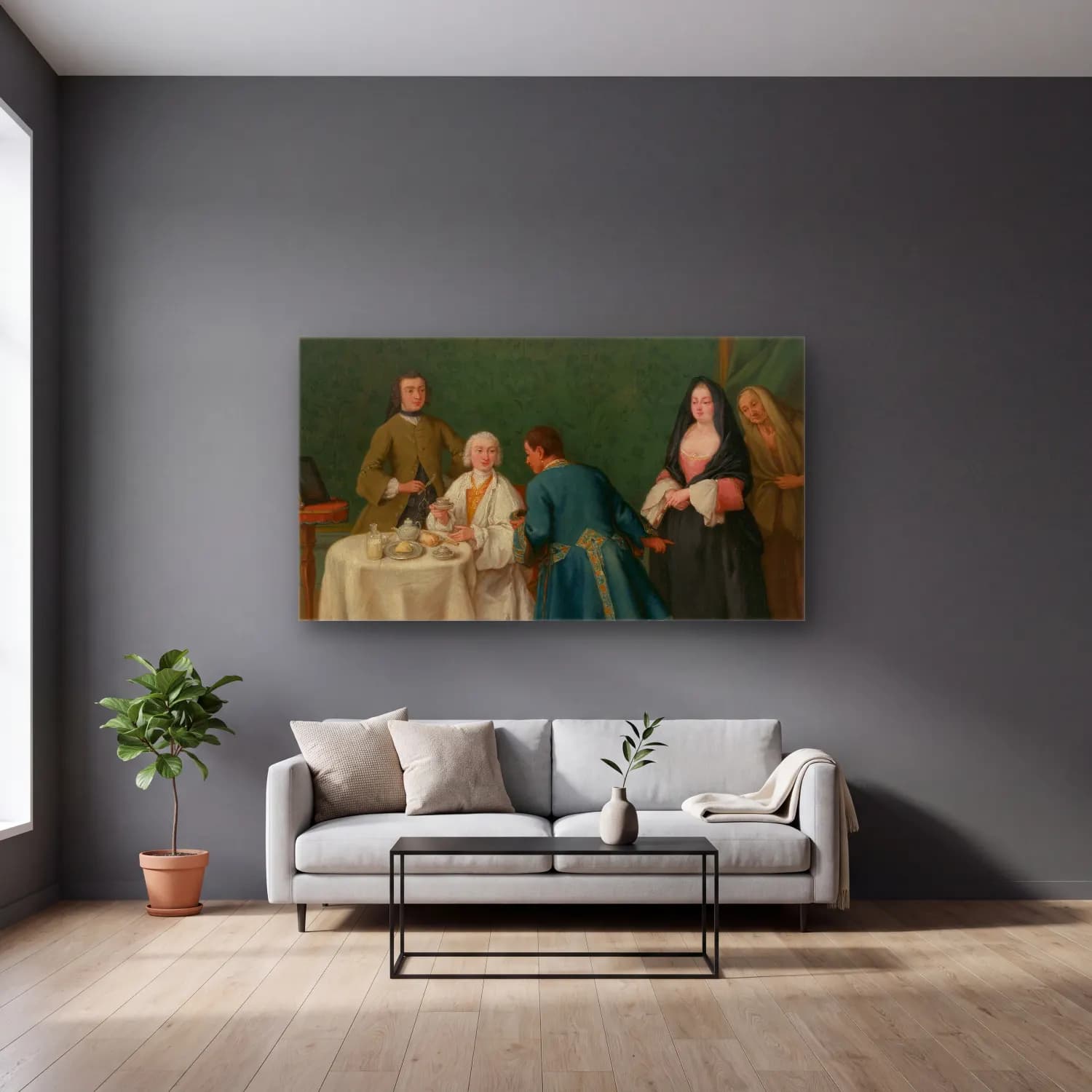 Pietro Longhi – The Temptation cam tablo — gri duvarlı salonda
