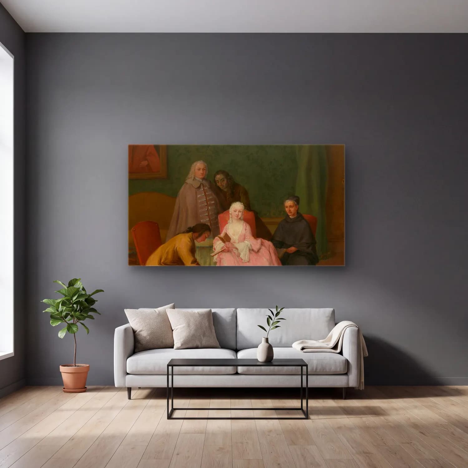 Pietro Longhi – The Visit cam tablo — gri duvarlı salonda