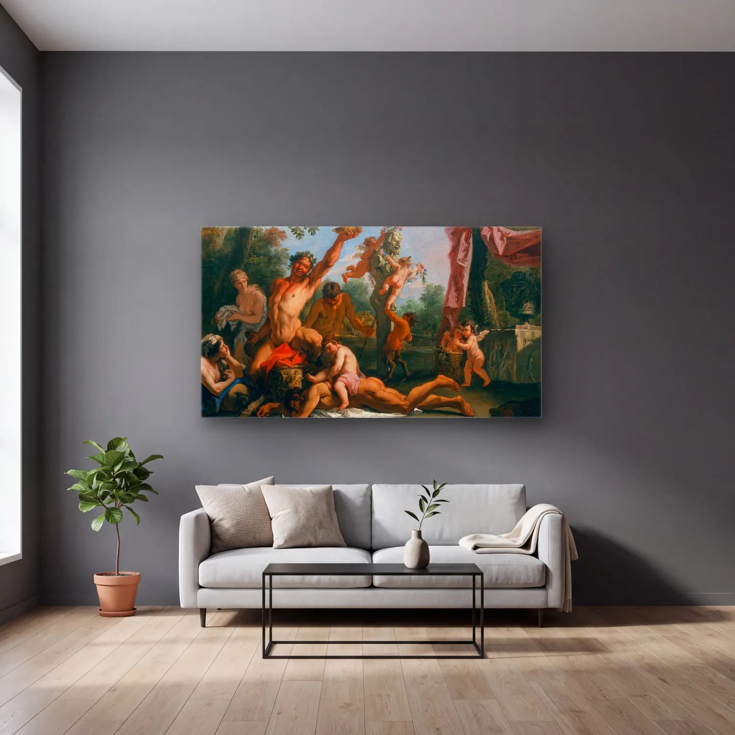 Sebastiano Ricci – A Bacchanal cam tablo — gri duvarlı salonda