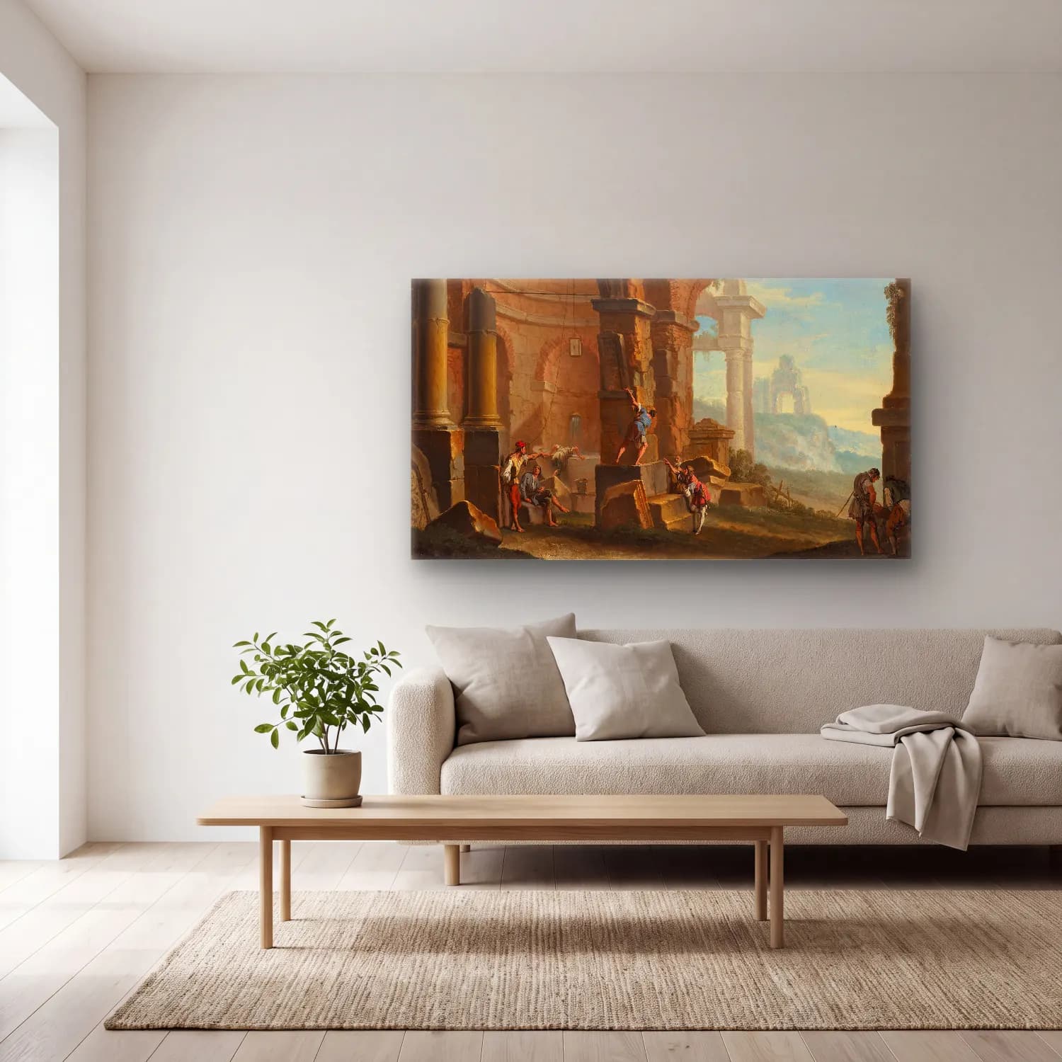 Sebastiano Ricci – A capriccio with figures conversing by classical ruins cam tablo — açık renk salonda
