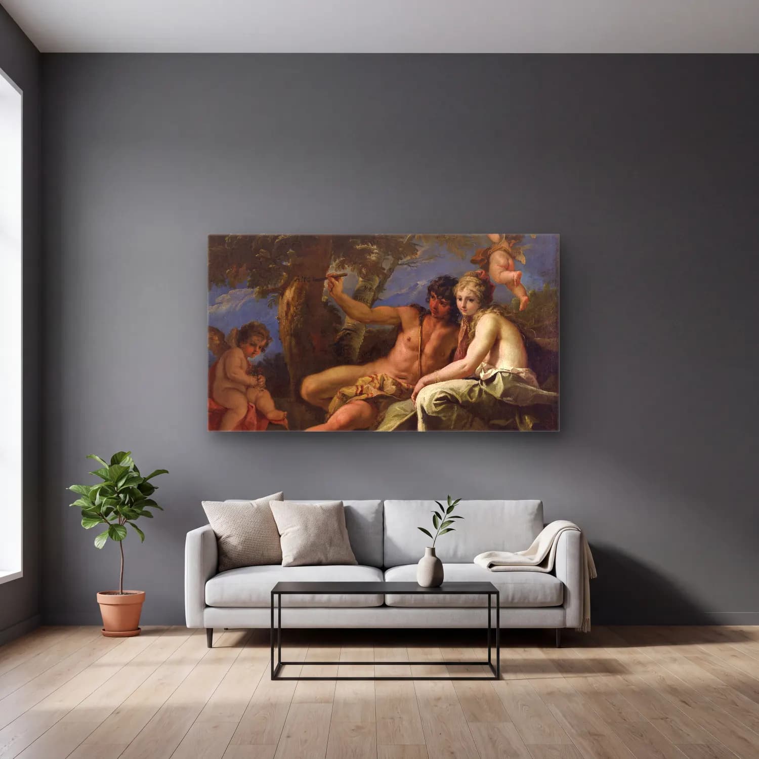 Sebastiano Ricci – Allegory of Charity cam tablo — gri duvarlı salonda