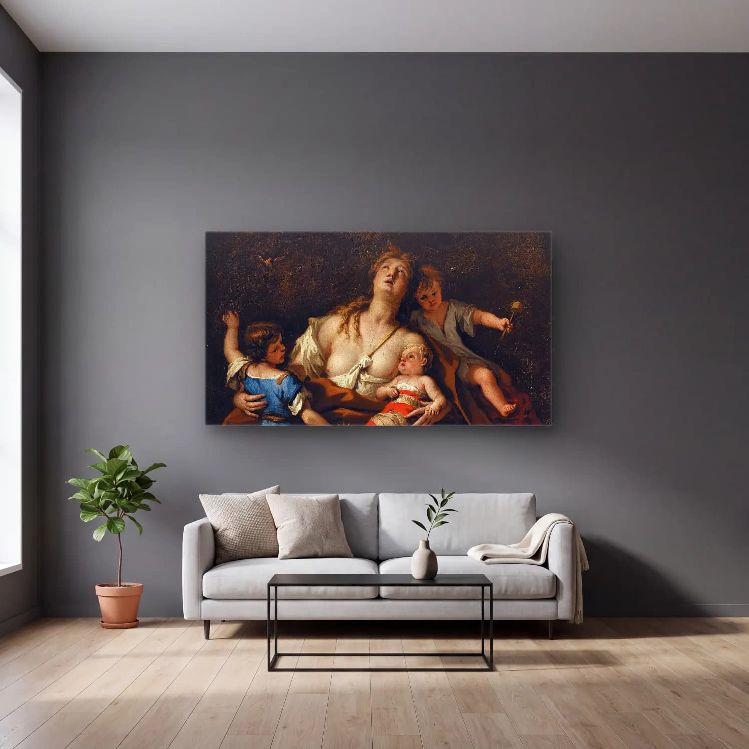 Sebastiano Ricci – Charity cam tablo — gri duvarlı salonda