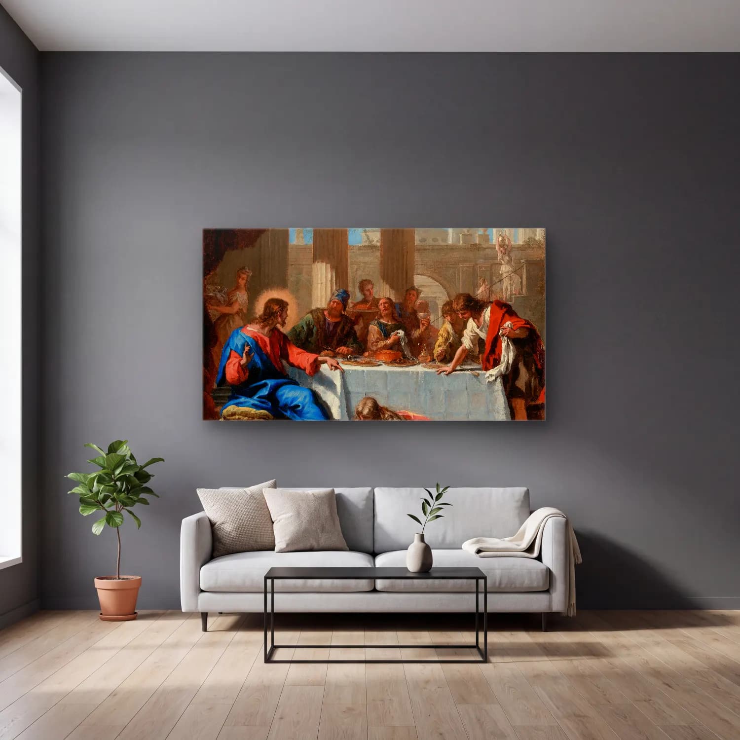 Sebastiano Ricci – Christ In The House Of Simon cam tablo — gri duvarlı salonda