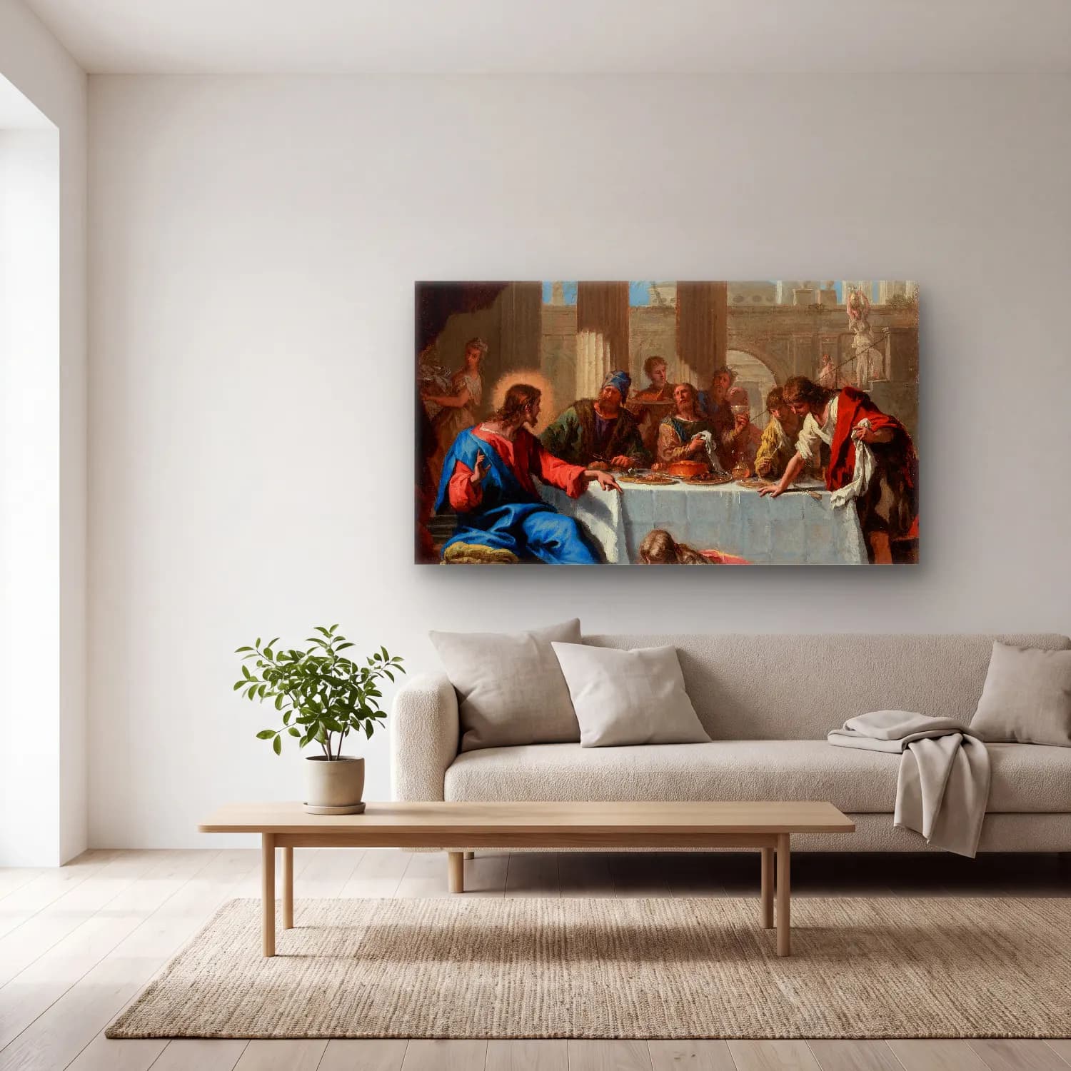Sebastiano Ricci – Christ In The House Of Simon cam tablo — açık renk salonda