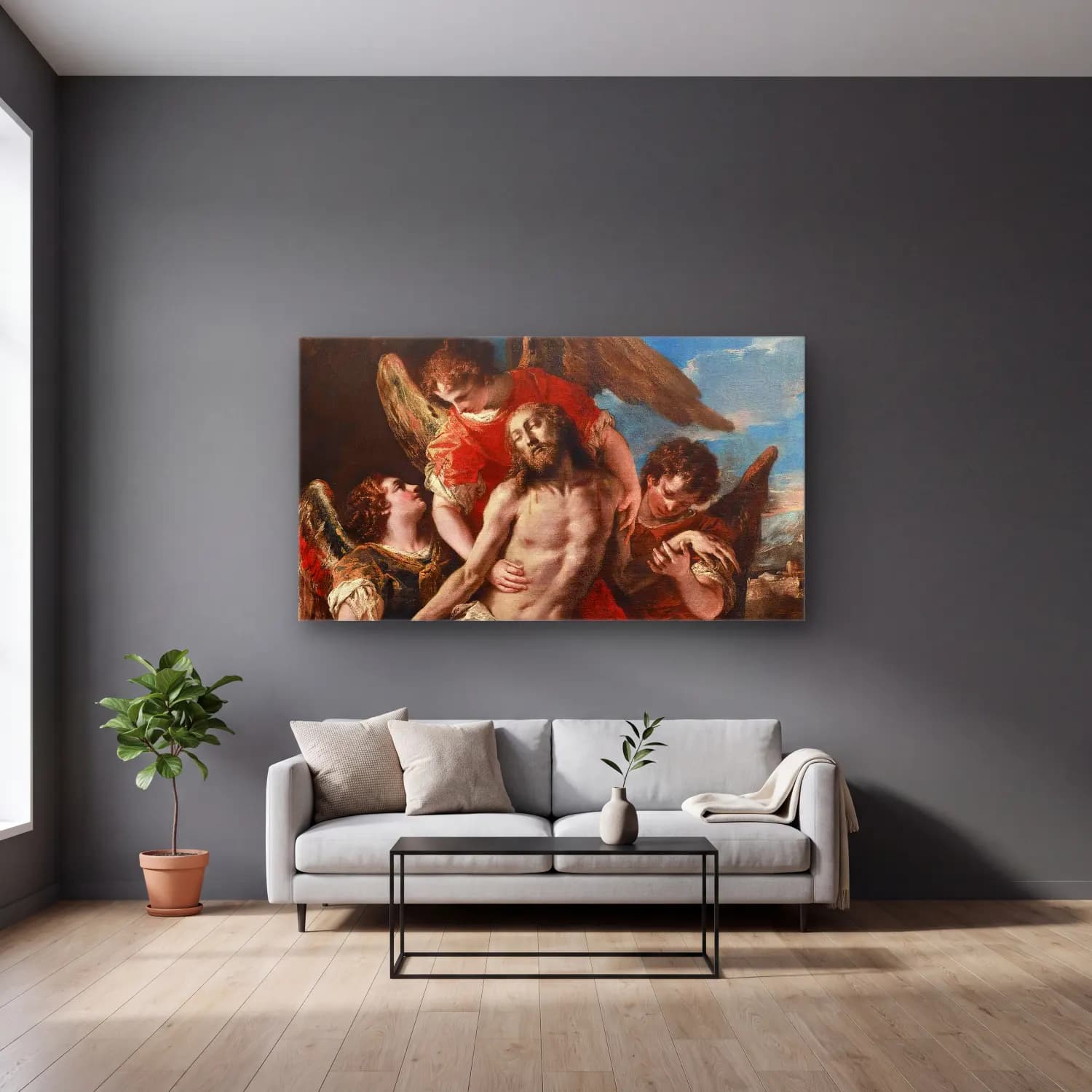 Sebastiano Ricci – Christ Mourned By Three Angels cam tablo — gri duvarlı salonda