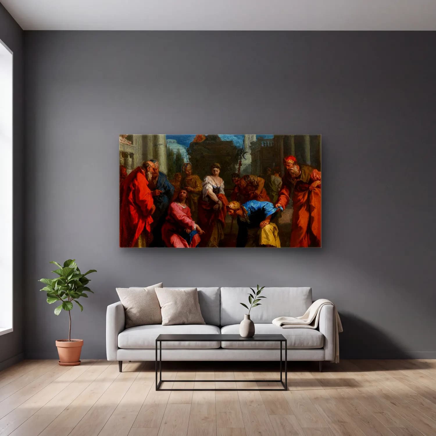Sebastiano Ricci – Christ and the Woman Taken in Adultery cam tablo — gri duvarlı salonda