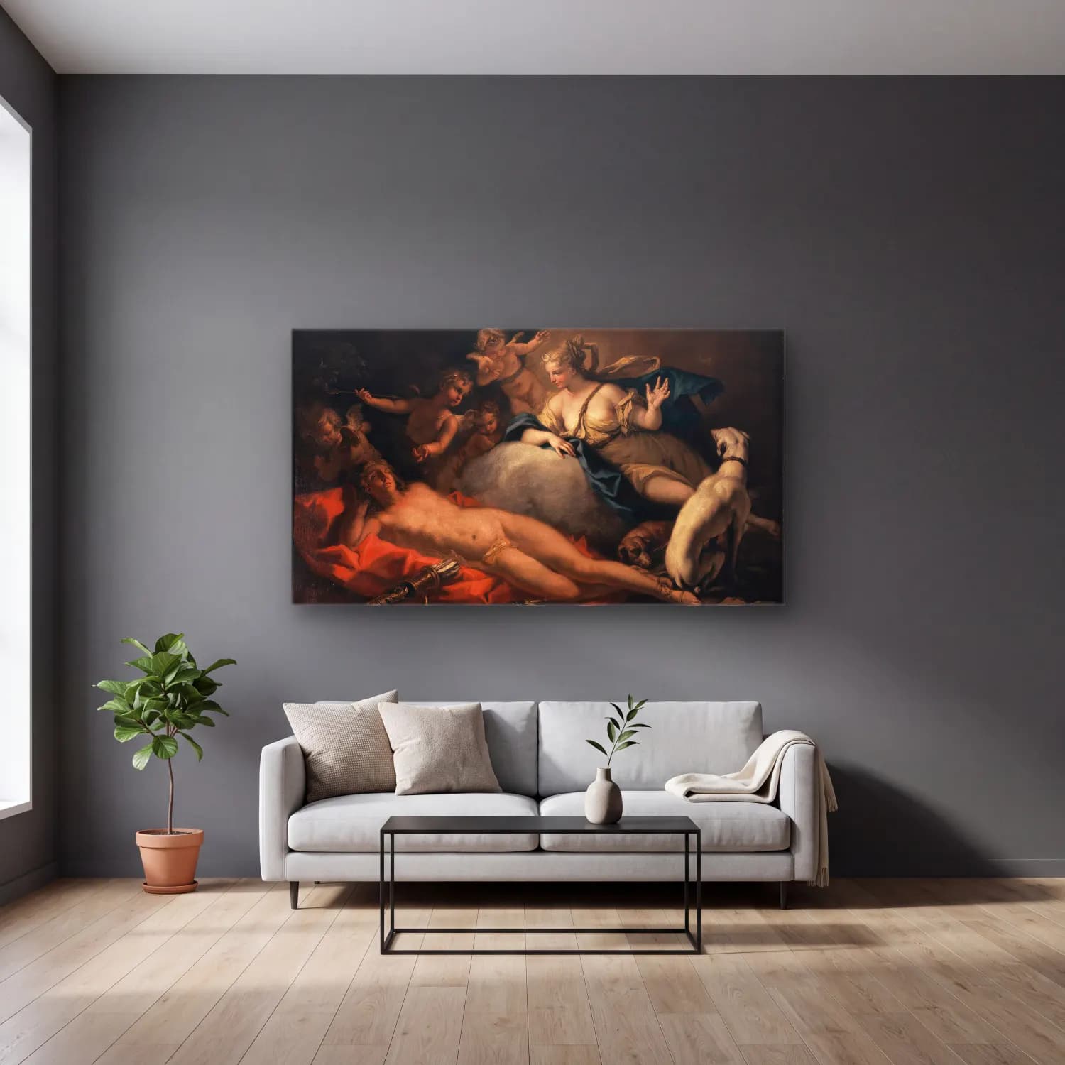 Sebastiano Ricci – Diana and Endymion cam tablo — gri duvarlı salonda