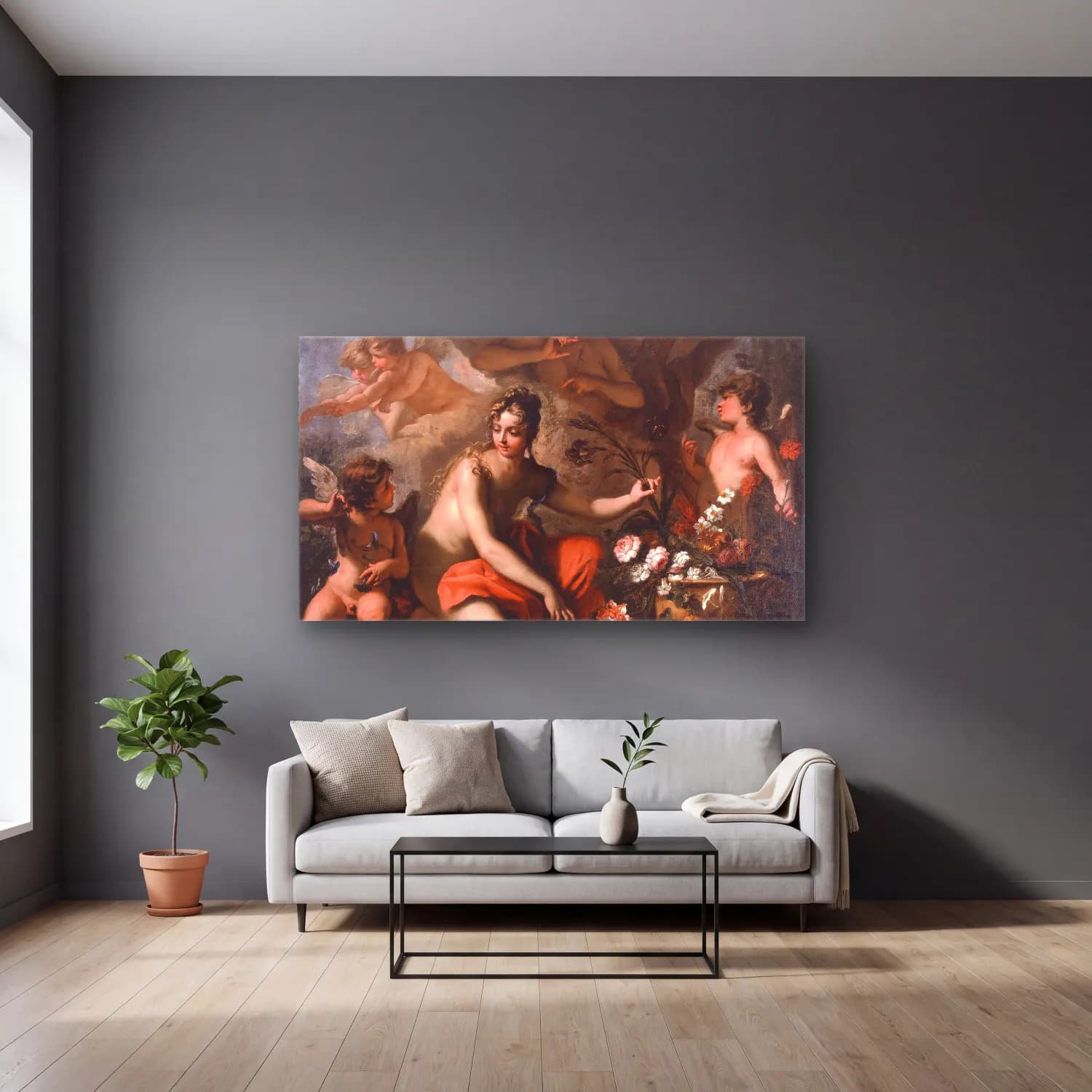 Sebastiano Ricci – Flora cam tablo — gri duvarlı salonda